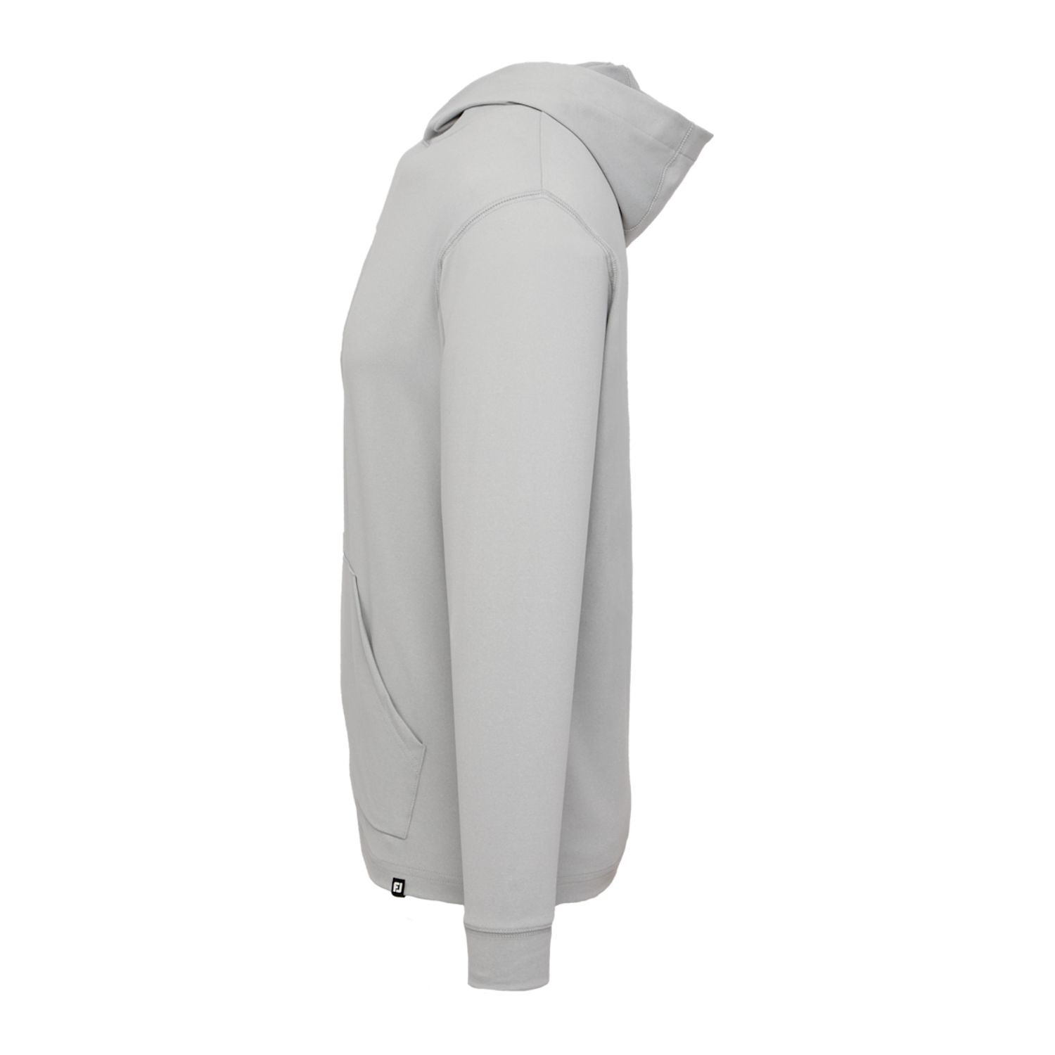 Heather gray men's performance hoodie featuring lightweight woven fabric, an overlapped hood, side pockets, and durable double-stitched seams.