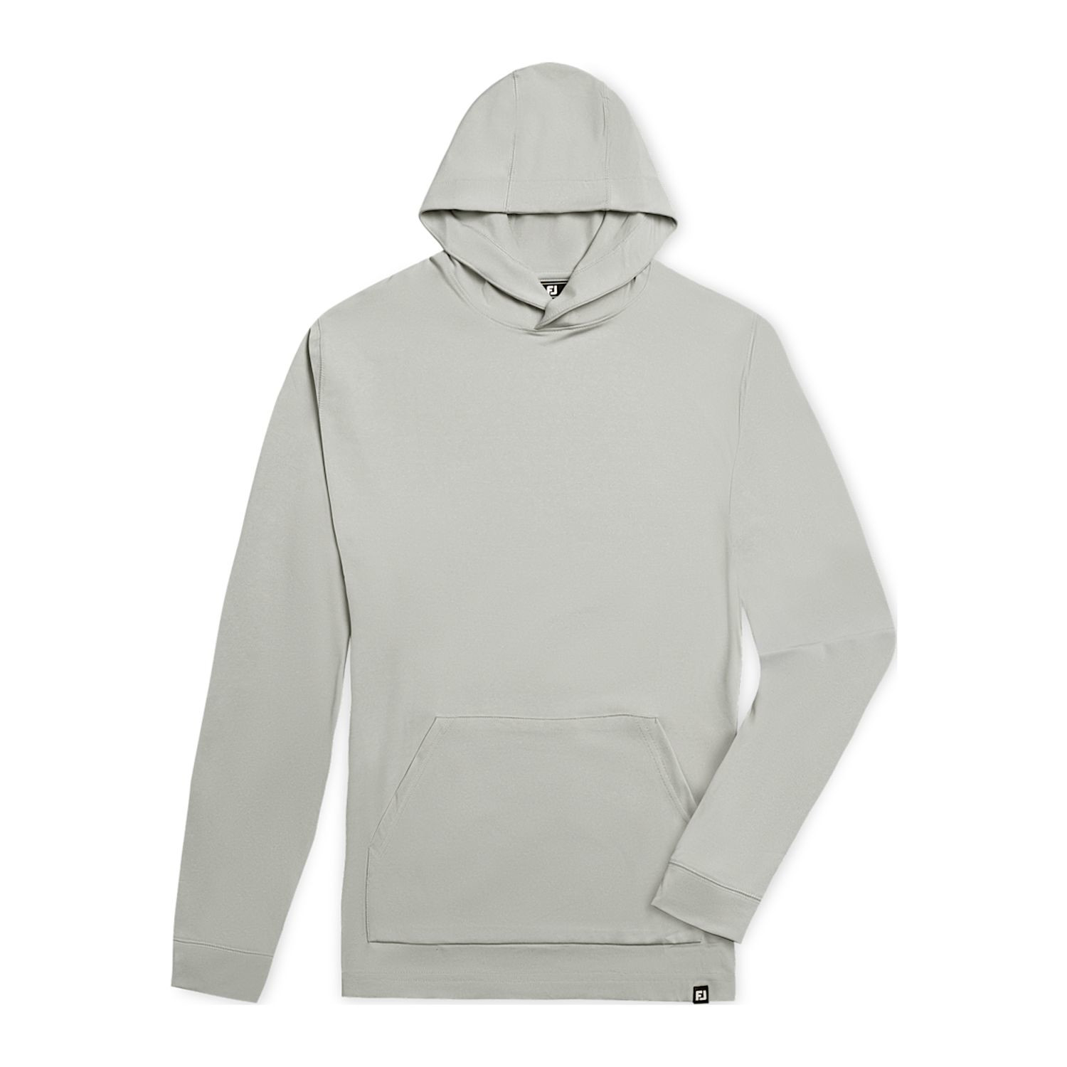 Heather gray men's performance hoodie featuring lightweight woven fabric, an overlapped hood, side pockets, and durable double-stitched seams.