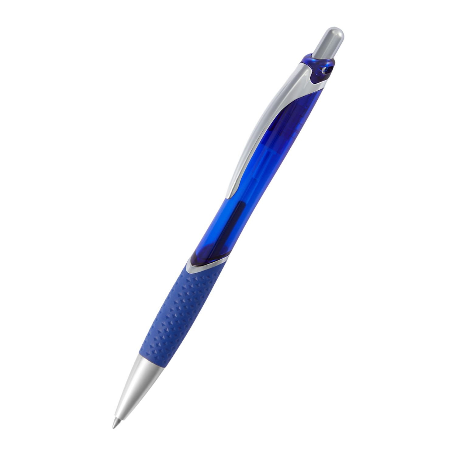 Blue translucent recycled gel pen with a recycled ABS barrel, soft-touch grip, clip, click-action opening, and black gel ink.
