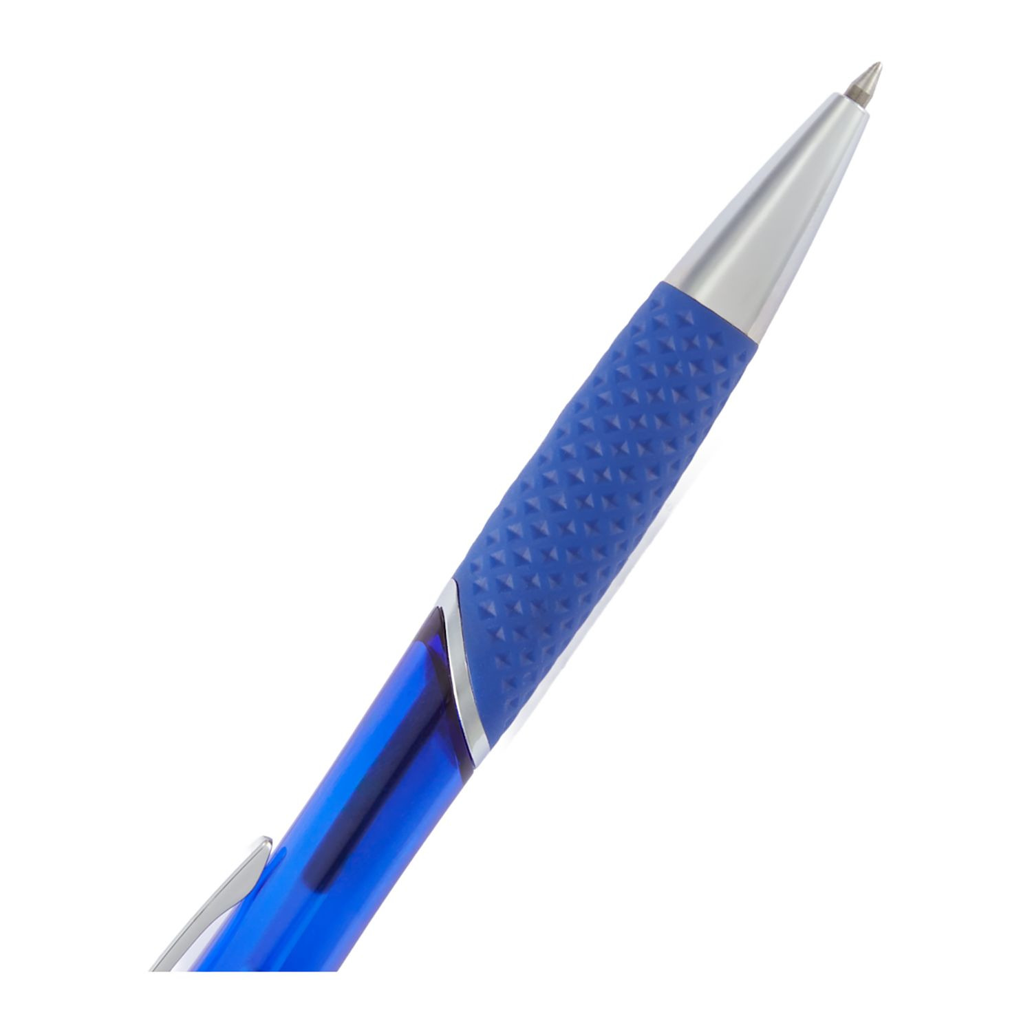 Blue translucent recycled gel pen with a recycled ABS barrel, soft-touch grip, clip, click-action opening, and black gel ink.