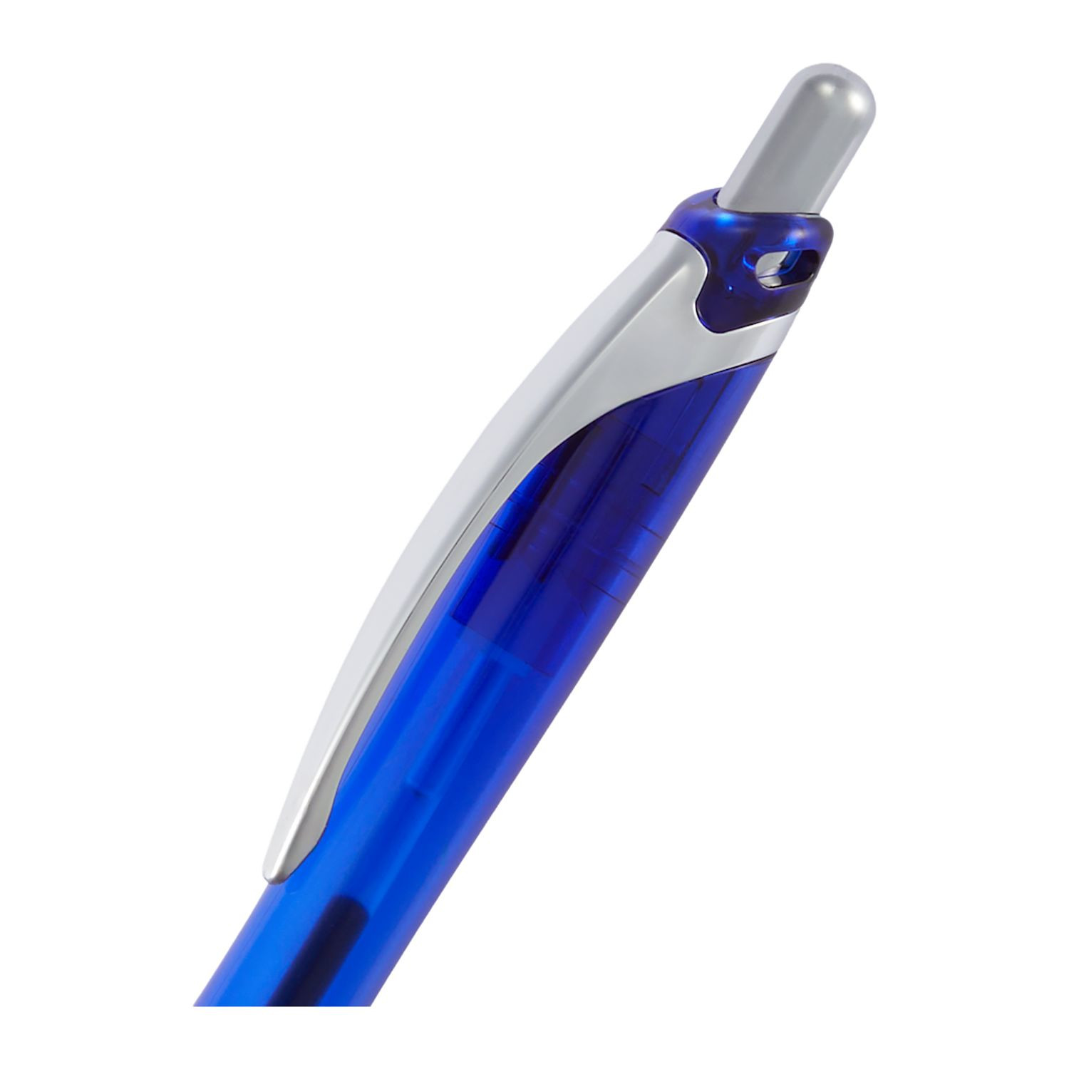 Blue translucent recycled gel pen with a recycled ABS barrel, soft-touch grip, clip, click-action opening, and black gel ink.