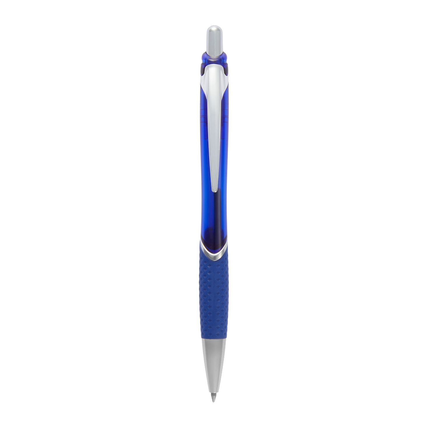 Blue translucent recycled gel pen with a recycled ABS barrel, soft-touch grip, clip, click-action opening, and black gel ink.