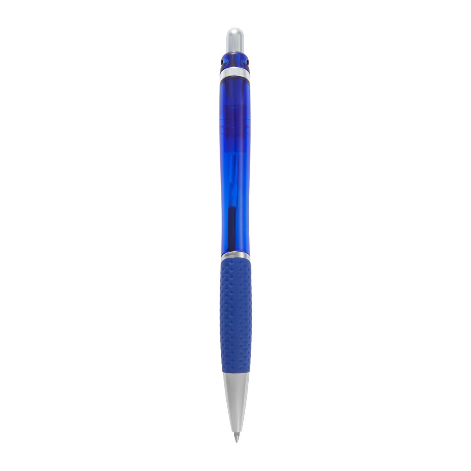 Blue translucent recycled gel pen with a recycled ABS barrel, soft-touch grip, clip, click-action opening, and black gel ink.