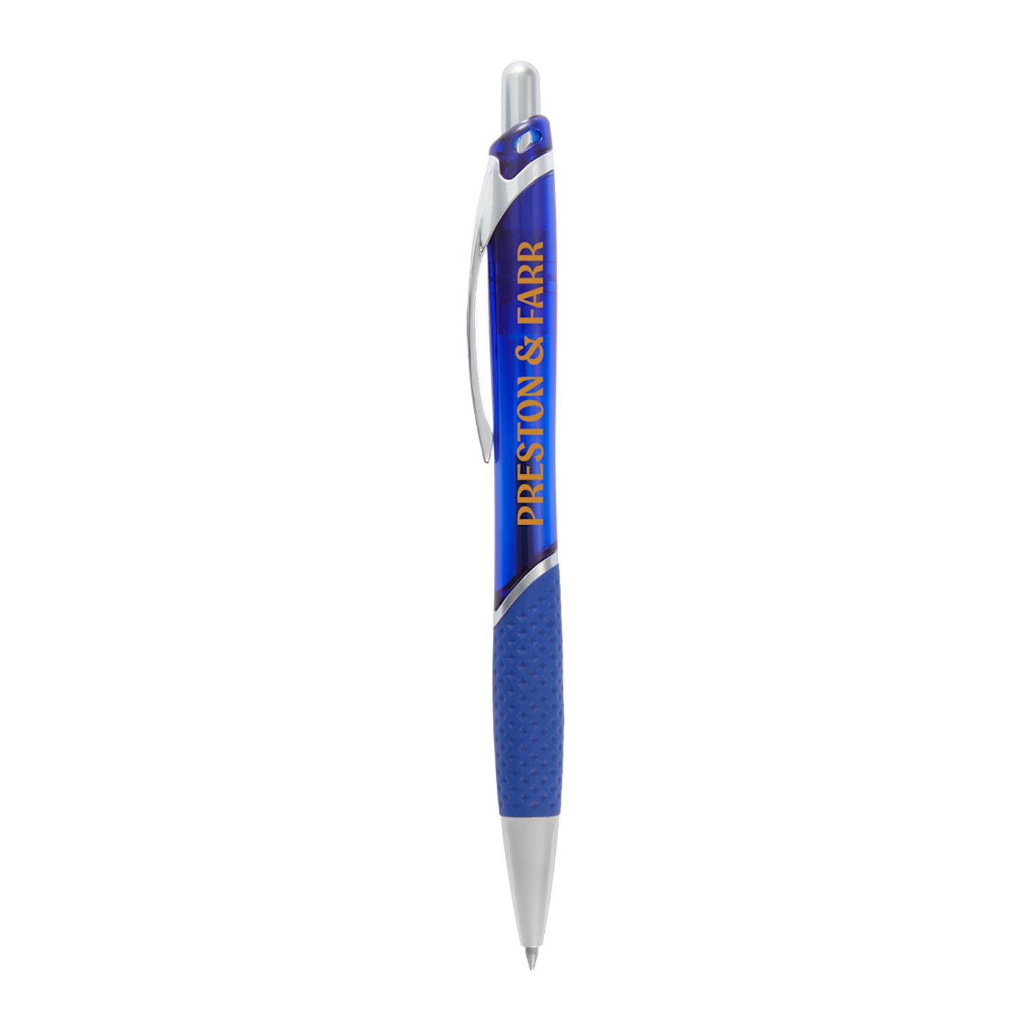 Blue translucent recycled gel pen with a recycled ABS barrel, soft-touch grip, clip, click-action opening, and black gel ink.