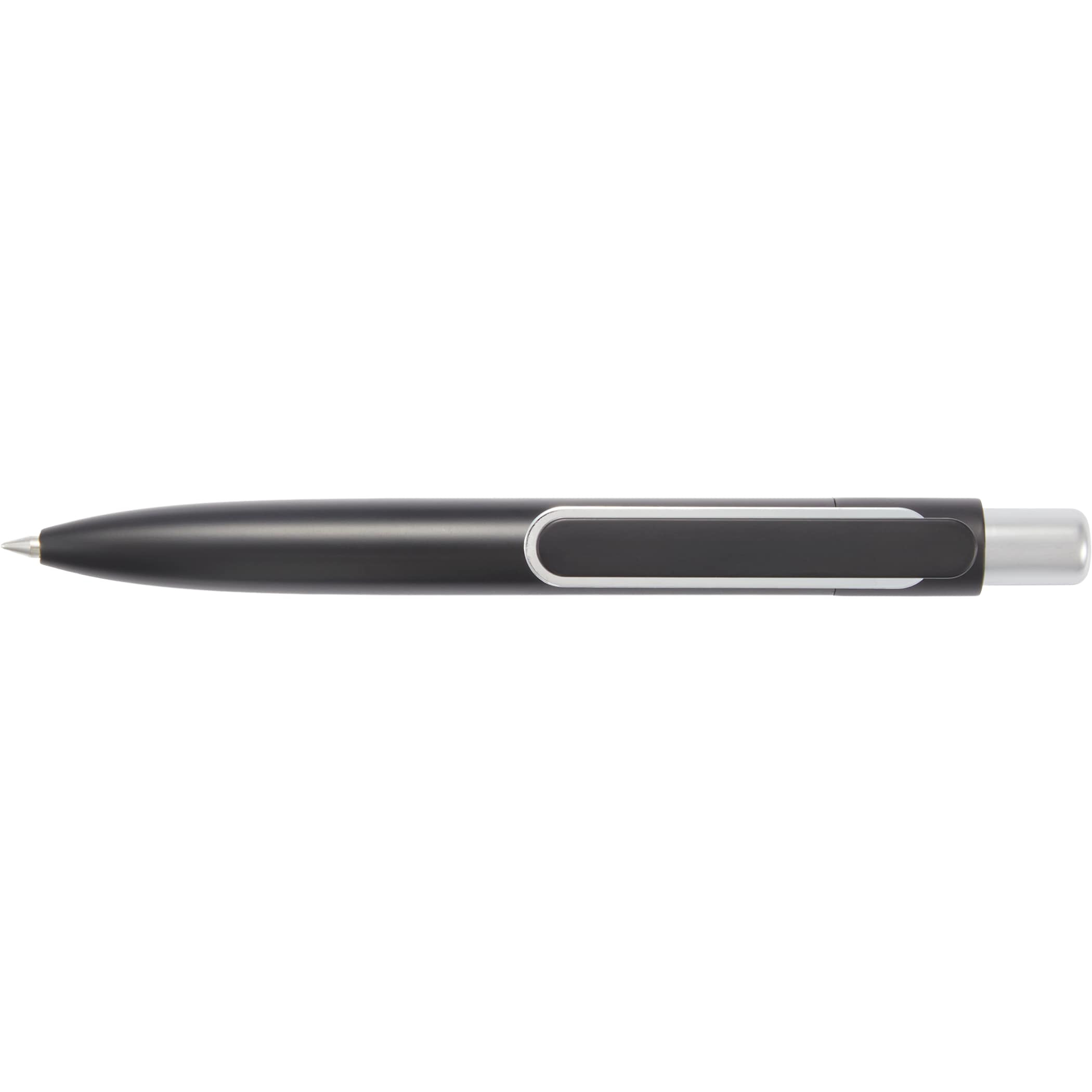Black Liberty Mini Gel Pen with a sleek recycled aluminum barrel, compact click-action design, and fine 0.5 mm tip for smooth black gel writing, ideal for everyday use in notebooks, planners, and organizers.