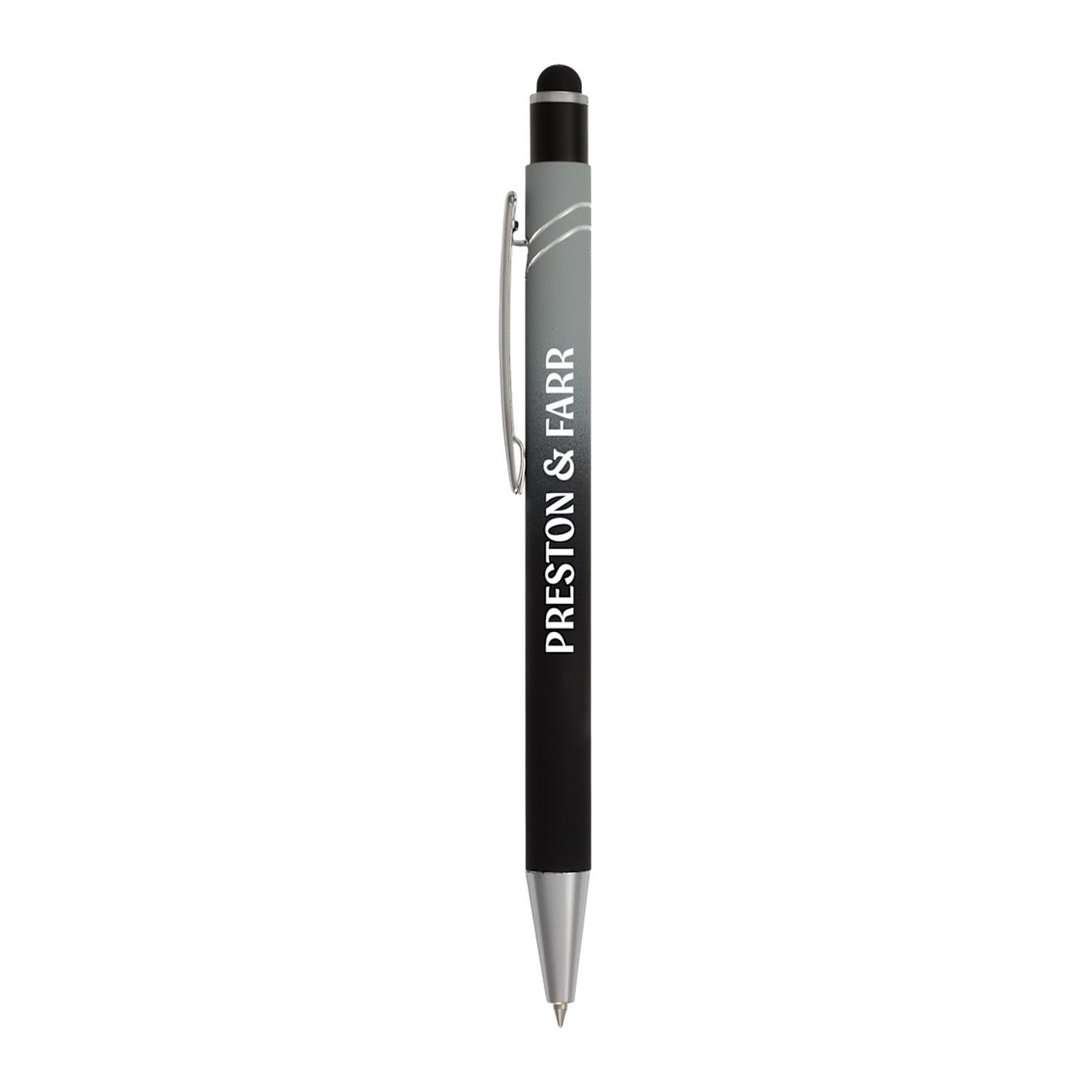 Black recycled aluminum gel stylus pen with soft-touch coating, gradient finish, silver chrome accents, integrated touchscreen stylus, and precision black gel ink tip.