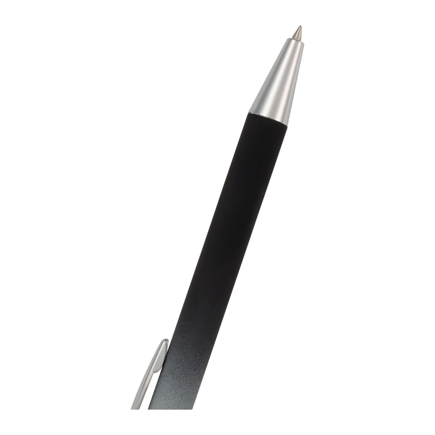 Black recycled aluminum gel stylus pen with soft-touch coating, gradient finish, silver chrome accents, integrated touchscreen stylus, and precision black gel ink tip.