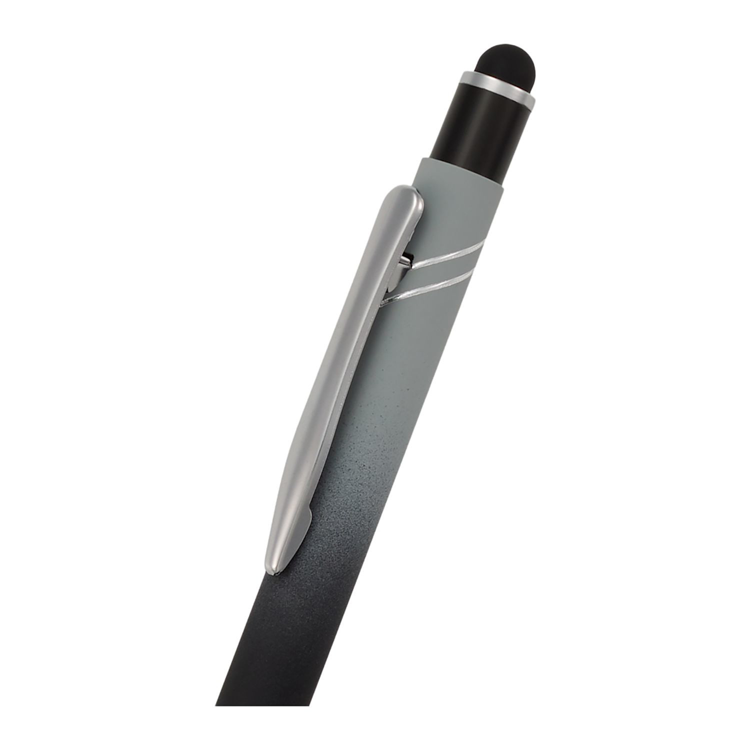 Black recycled aluminum gel stylus pen with soft-touch coating, gradient finish, silver chrome accents, integrated touchscreen stylus, and precision black gel ink tip.