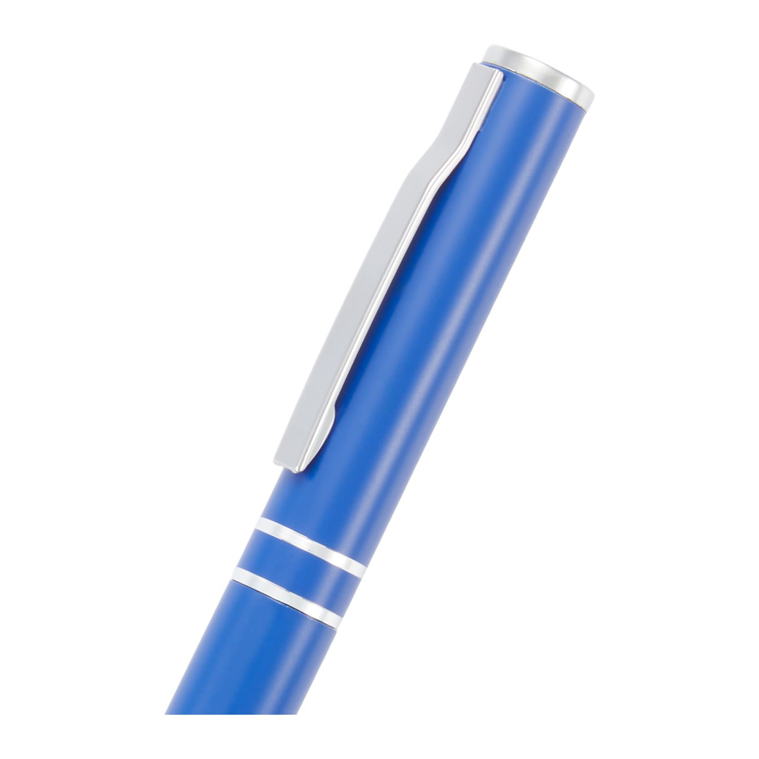 Blue recycled aluminum gel pen with polished chrome accents, twist-action mechanism, built-in clip, and smooth black gel ink tip.
