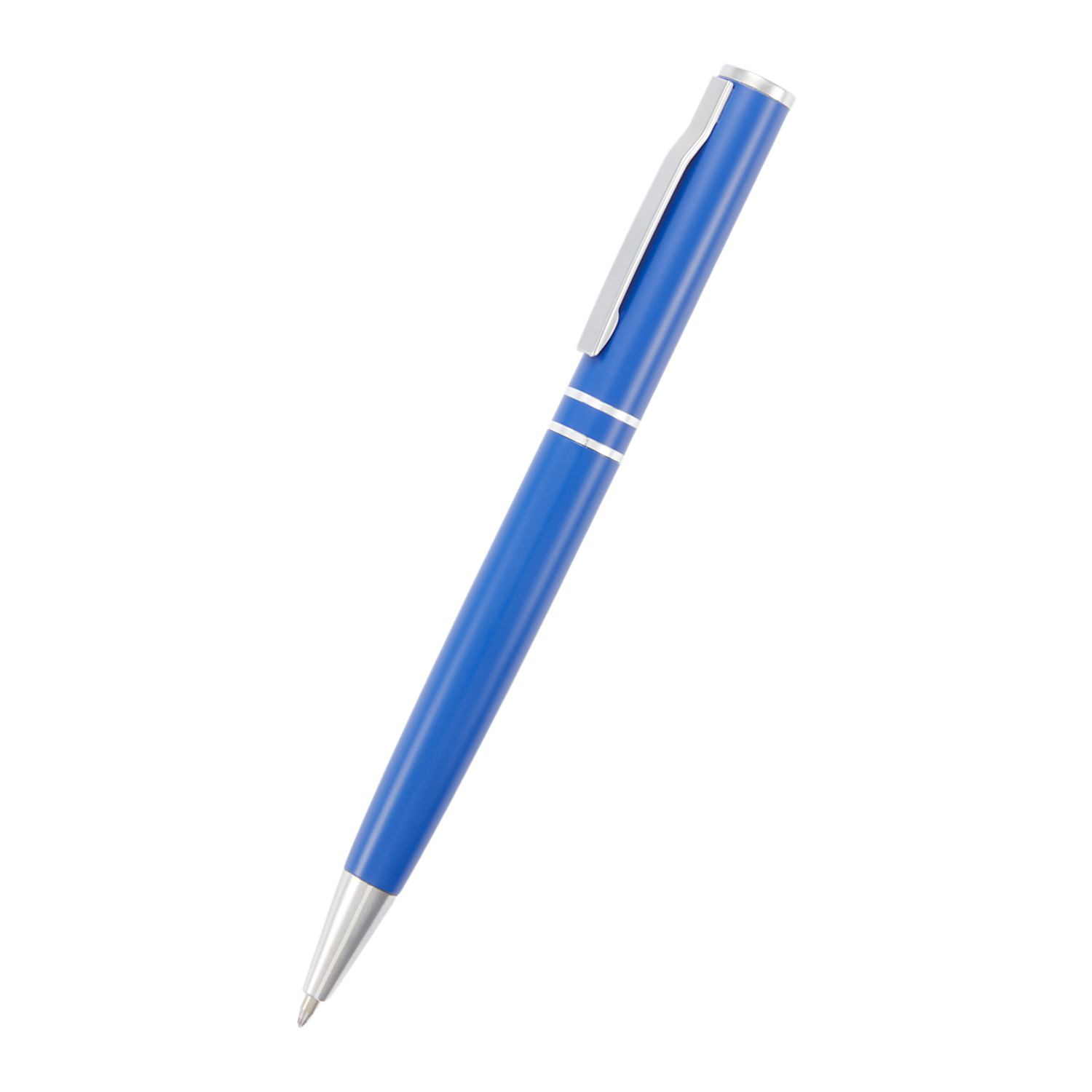 Blue recycled aluminum gel pen with polished chrome accents, twist-action mechanism, built-in clip, and smooth black gel ink tip.