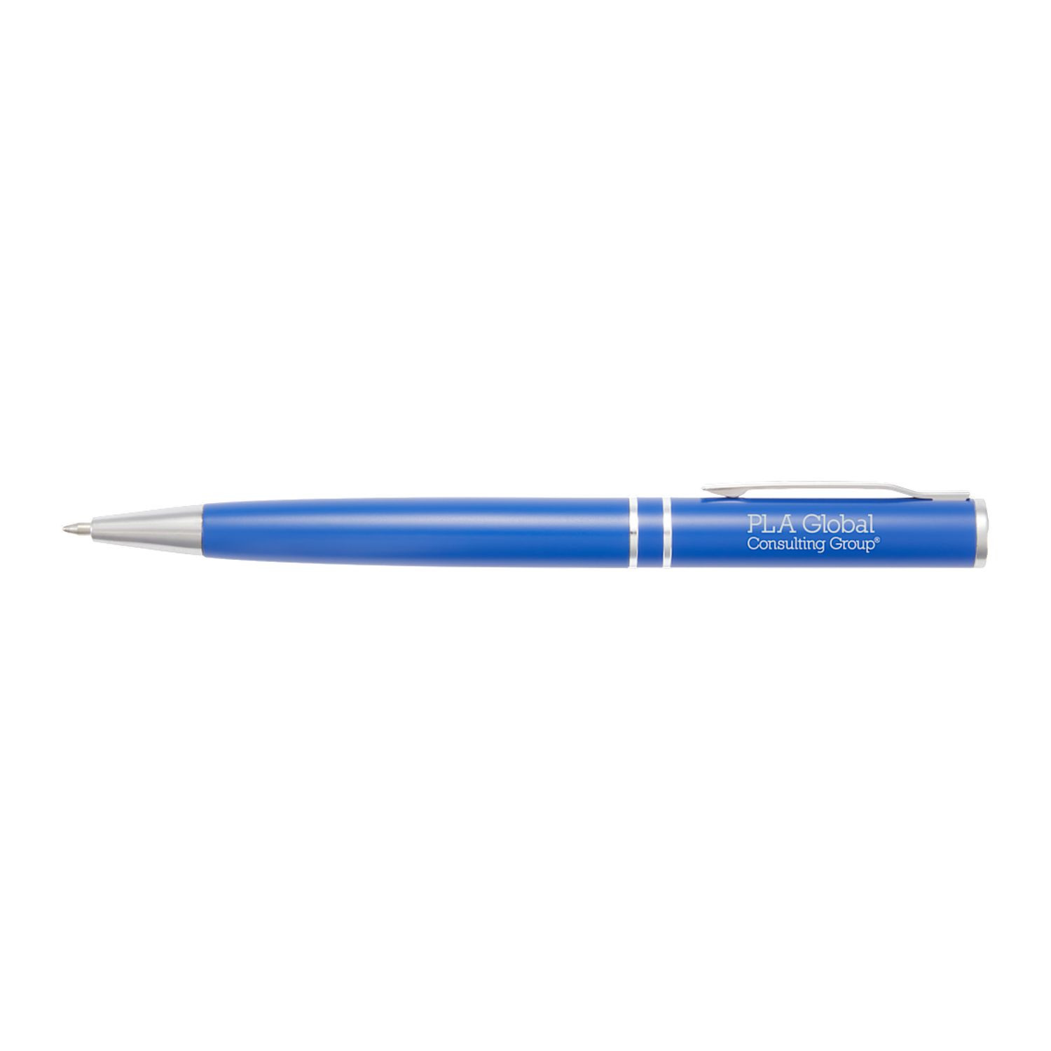 Blue recycled aluminum gel pen with polished chrome accents, twist-action mechanism, built-in clip, and smooth black gel ink tip.