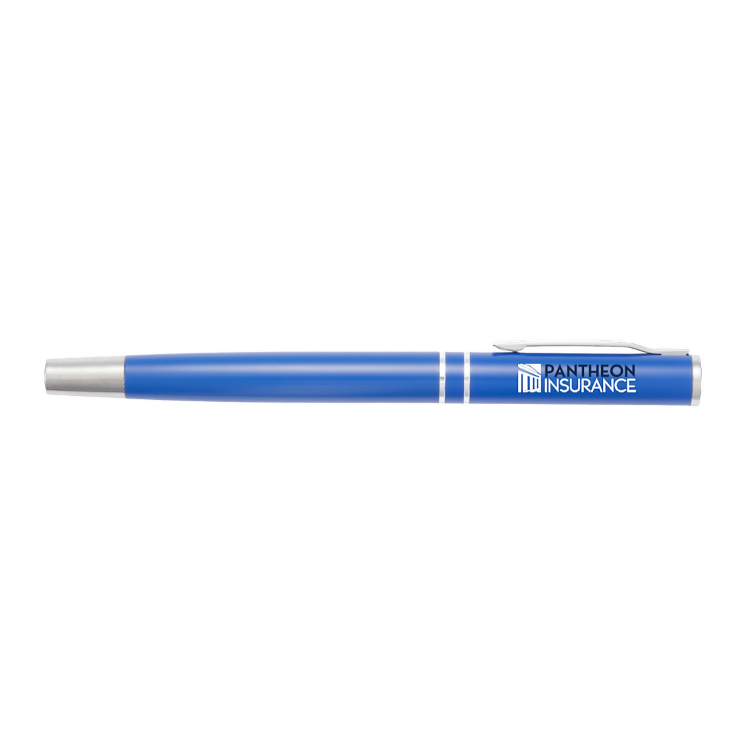 Blue recycled aluminum roller ball pen with polished chrome accents, cap-off design, built-in clip, and smooth black gel ink for professional and everyday writing.