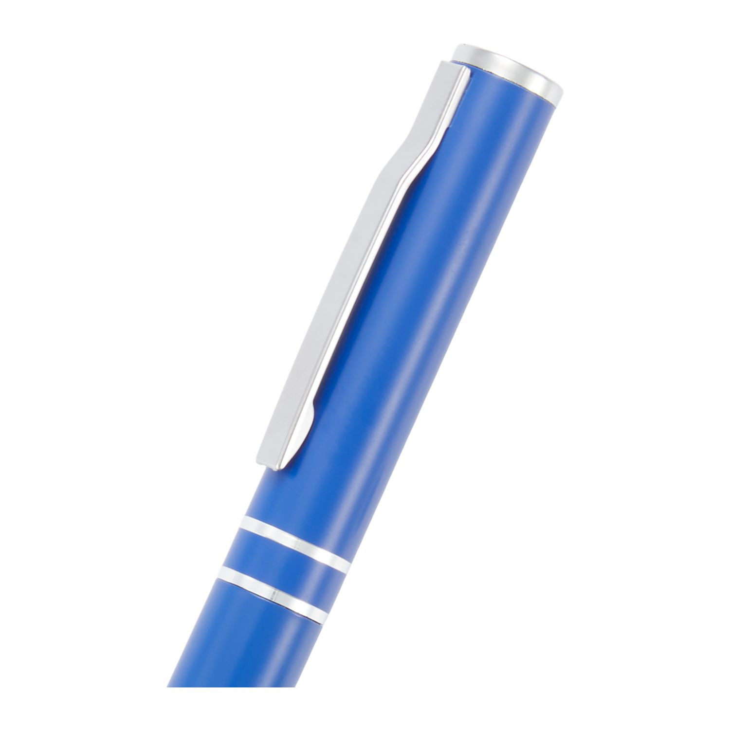 Blue recycled aluminum roller ball pen with polished chrome accents, cap-off design, built-in clip, and smooth black gel ink for professional and everyday writing.