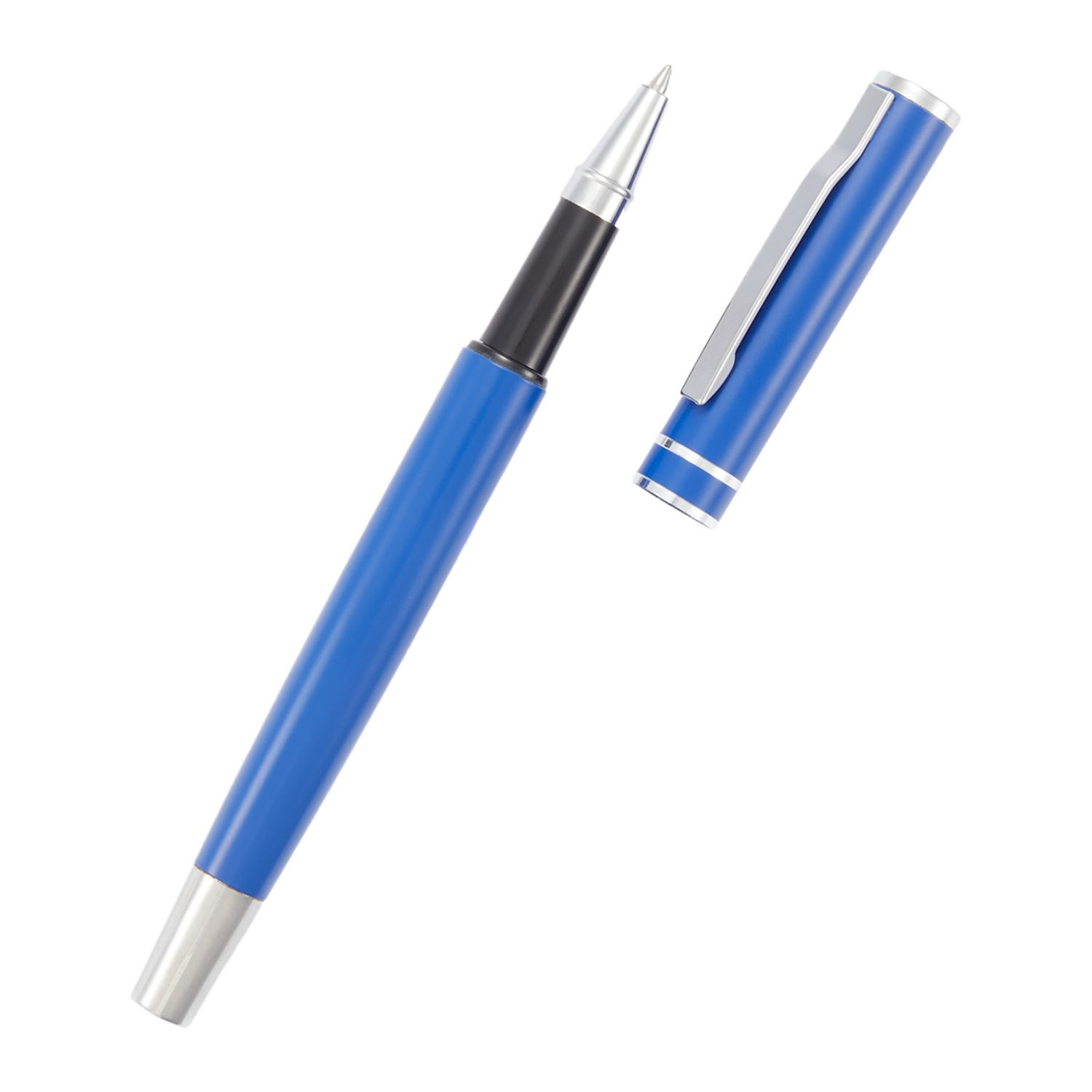 Blue recycled aluminum roller ball pen with polished chrome accents, cap-off design, built-in clip, and smooth black gel ink for professional and everyday writing.