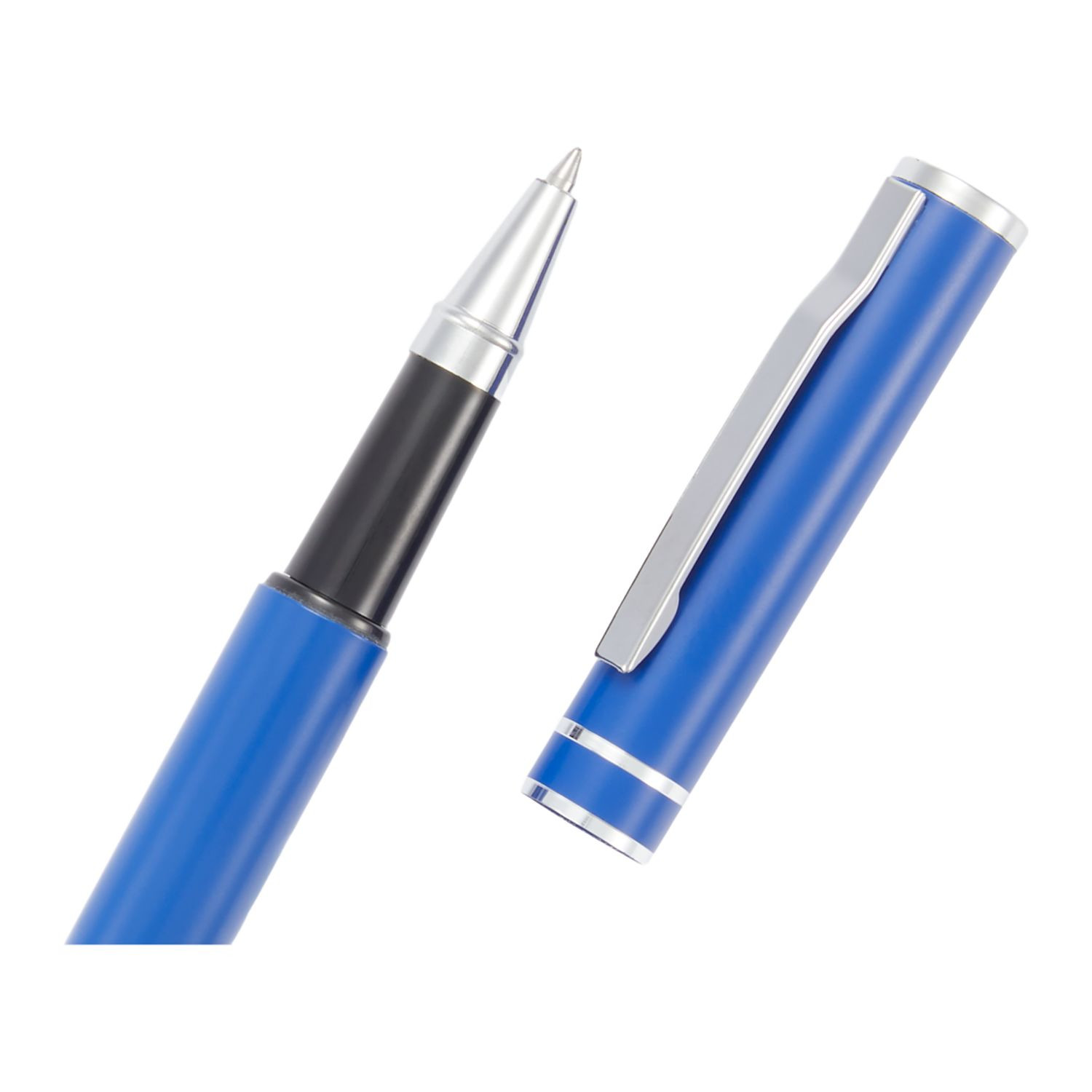Blue recycled aluminum roller ball pen with polished chrome accents, cap-off design, built-in clip, and smooth black gel ink for professional and everyday writing.