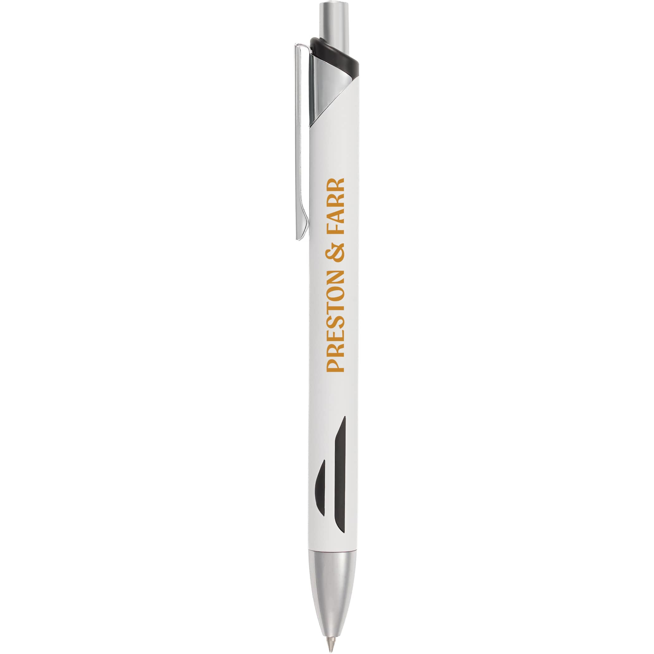 White Pressley Recycled Gel Pen with a sleek recycled aluminum barrel, comfortable grip, click-action design, and fine 0.5 mm tip for smooth blue gel ink writing, ideal for everyday note-taking at home, school, or the office.