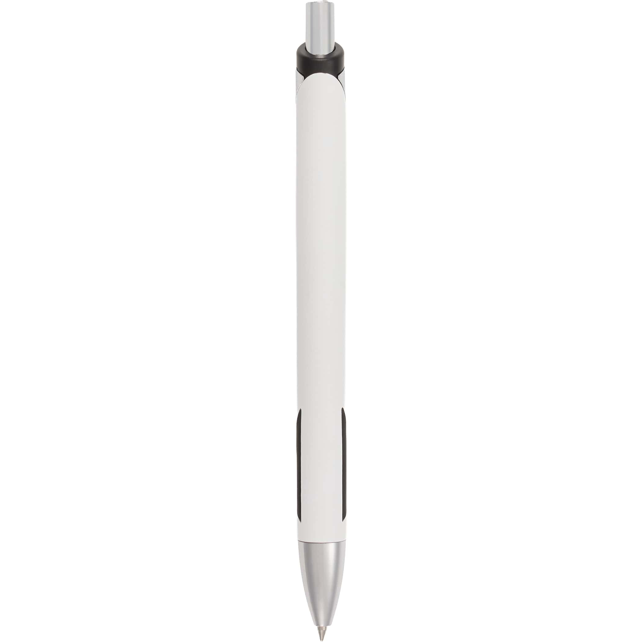 White Pressley Recycled Gel Pen with a sleek recycled aluminum barrel, comfortable grip, click-action design, and fine 0.5 mm tip for smooth blue gel ink writing, ideal for everyday note-taking at home, school, or the office.