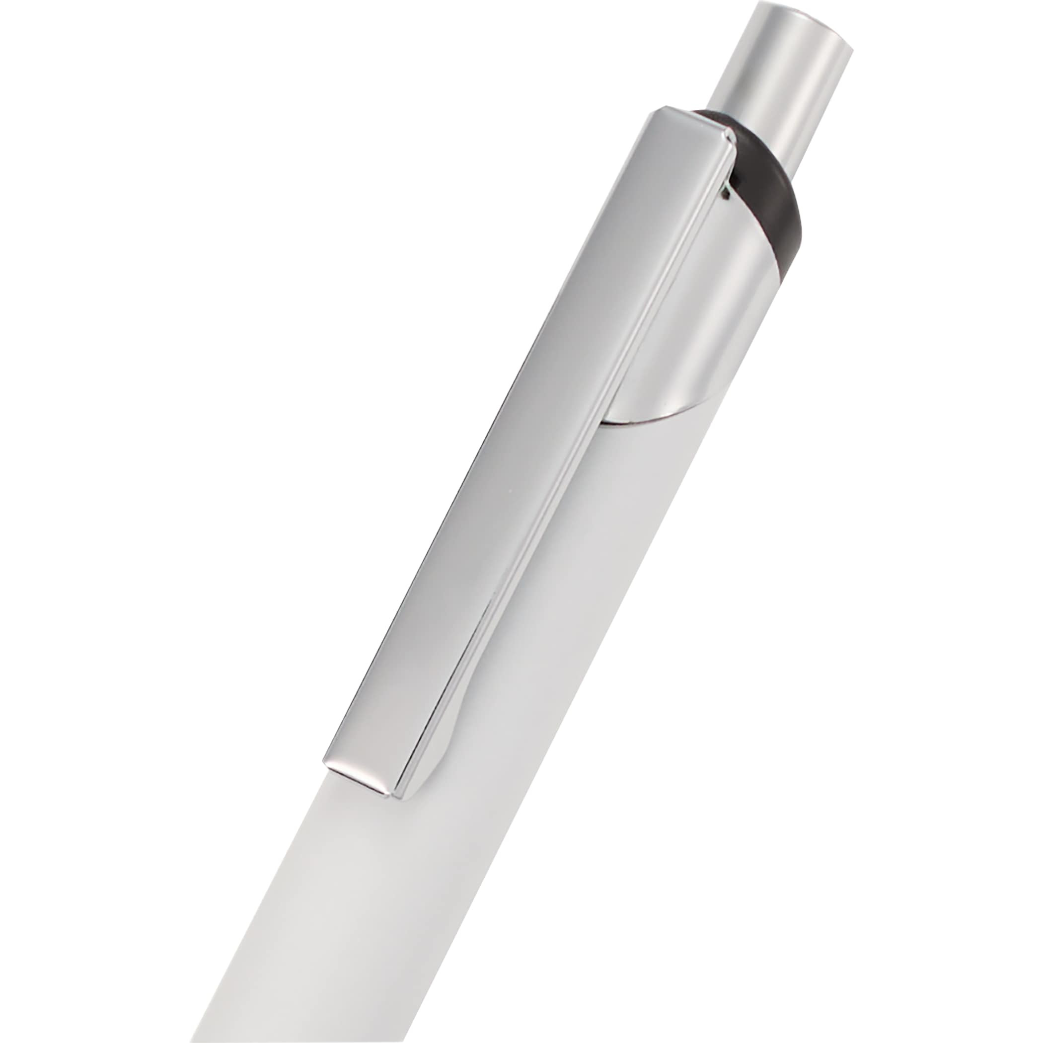 White Pressley Recycled Gel Pen with a sleek recycled aluminum barrel, comfortable grip, click-action design, and fine 0.5 mm tip for smooth blue gel ink writing, ideal for everyday note-taking at home, school, or the office.