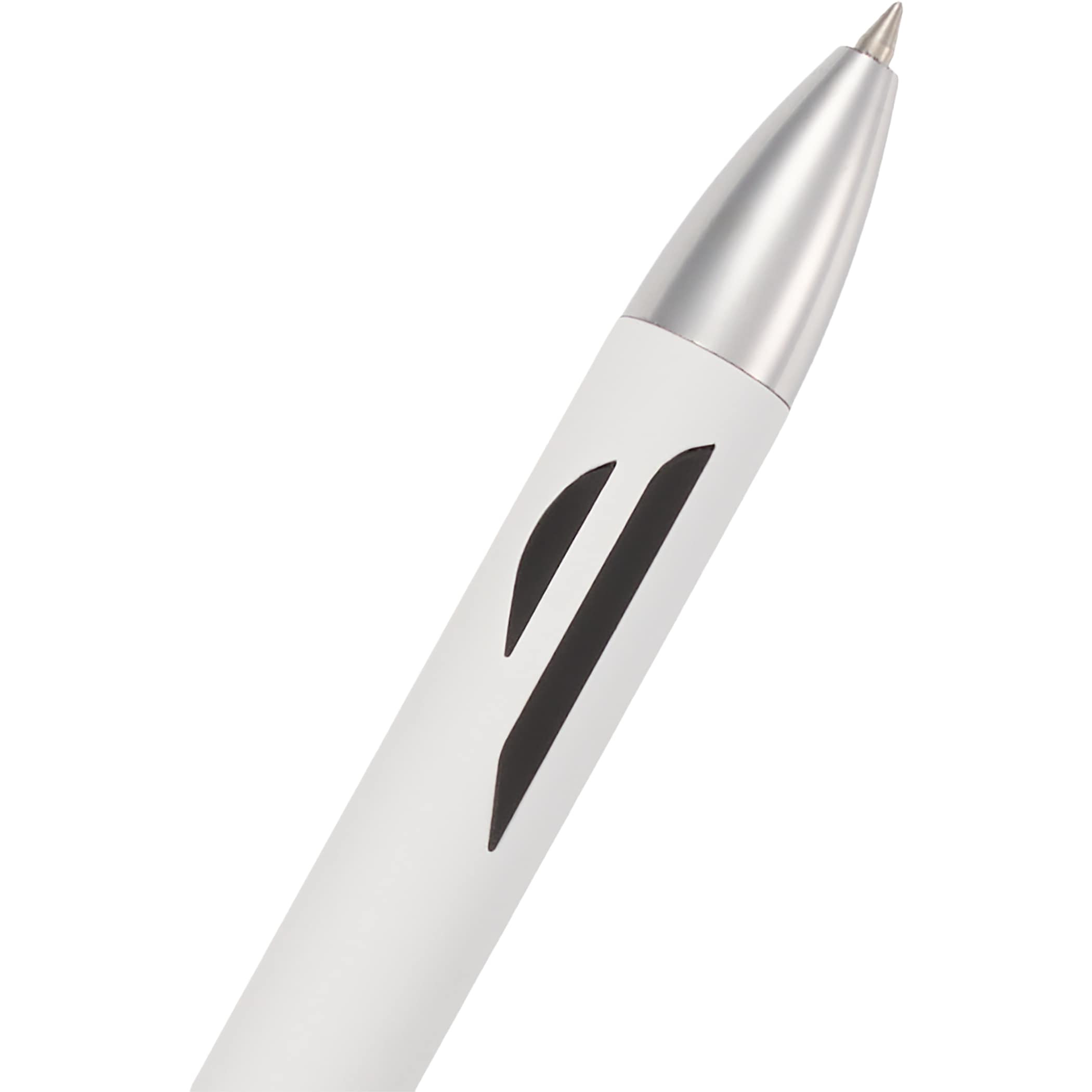 White Pressley Recycled Gel Pen with a sleek recycled aluminum barrel, comfortable grip, click-action design, and fine 0.5 mm tip for smooth blue gel ink writing, ideal for everyday note-taking at home, school, or the office.