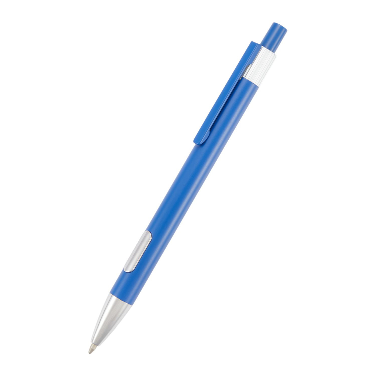 Blue recycled aluminum gel pen with polished silver accents, click-action mechanism, clip, and smooth-flowing blue gel ink for everyday writing.