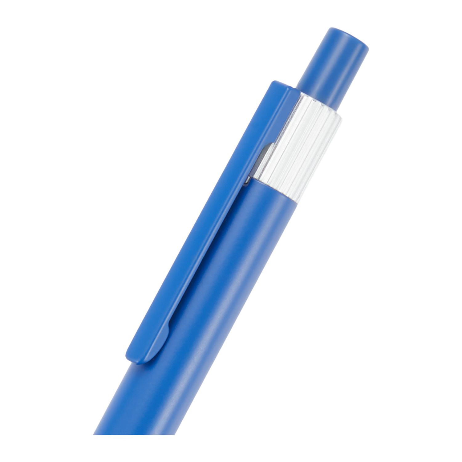 Blue recycled aluminum gel pen with polished silver accents, click-action mechanism, clip, and smooth-flowing blue gel ink for everyday writing.