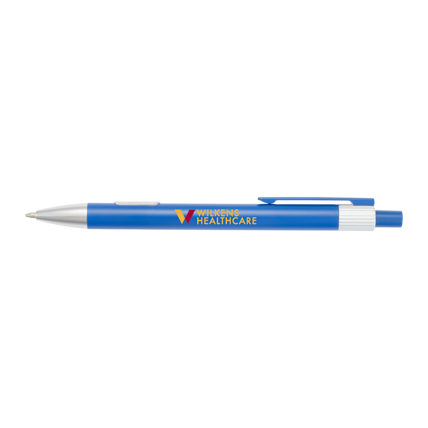 Blue recycled aluminum gel pen with polished silver accents, click-action mechanism, clip, and smooth-flowing blue gel ink for everyday writing.