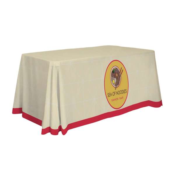 Full-color recycled polyester table throw with four-sided coverage, draped corners, and dye-sublimated artwork.