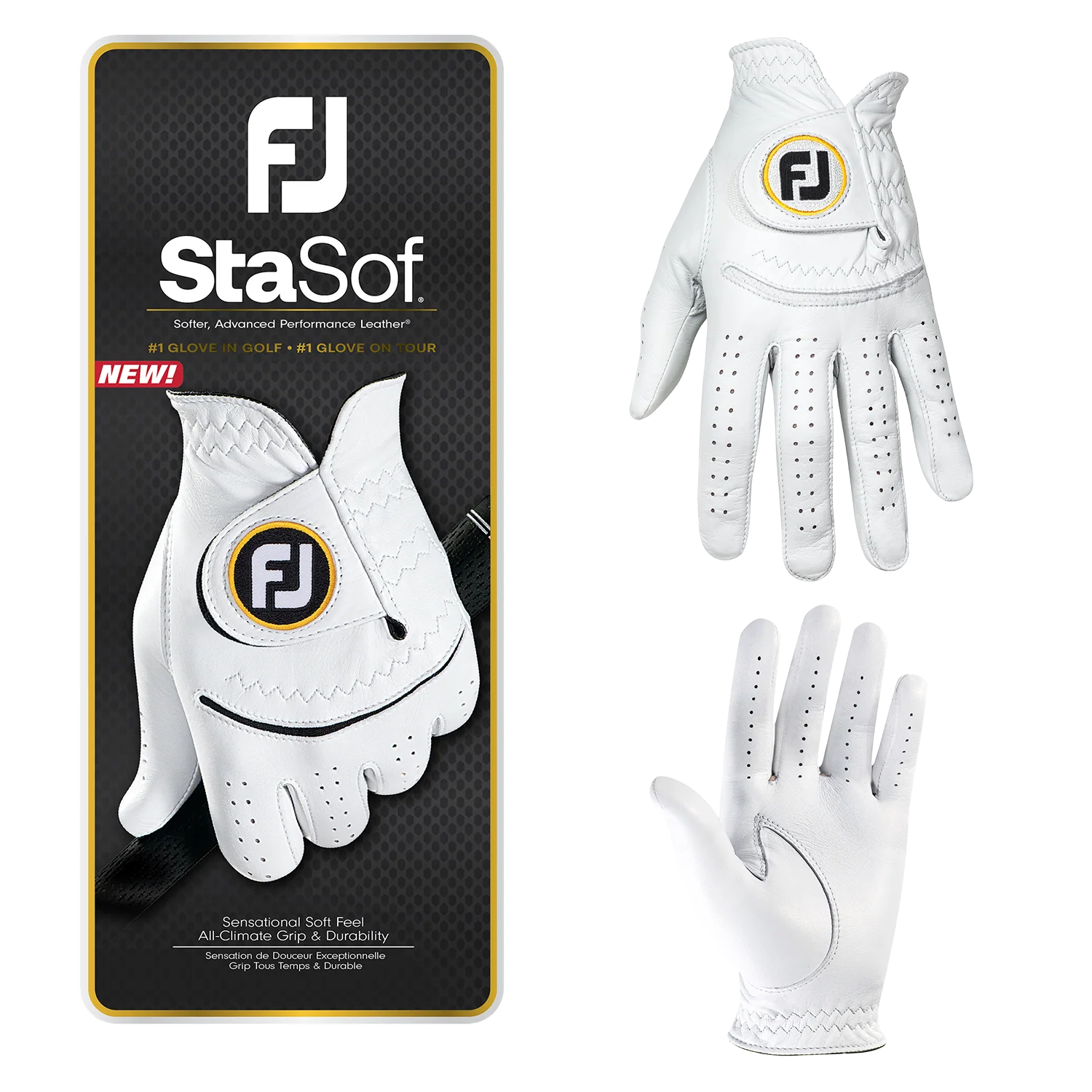 White FootJoy® StaSof Golf Glove in white premium leather with perforated breathable panels, moisture-wicking details, and an angled Velcro wrist closure for a secure fit during golf.