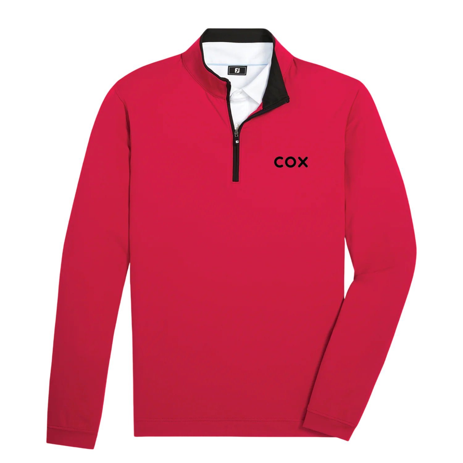 Crimson FootJoy Lightweight Solid Midlayer in a solid color, featuring a quarter-zip pullover design, four-way stretch performance fabric, and long sleeves, designed as a lightweight golf and athletic layering piece for changing weather.