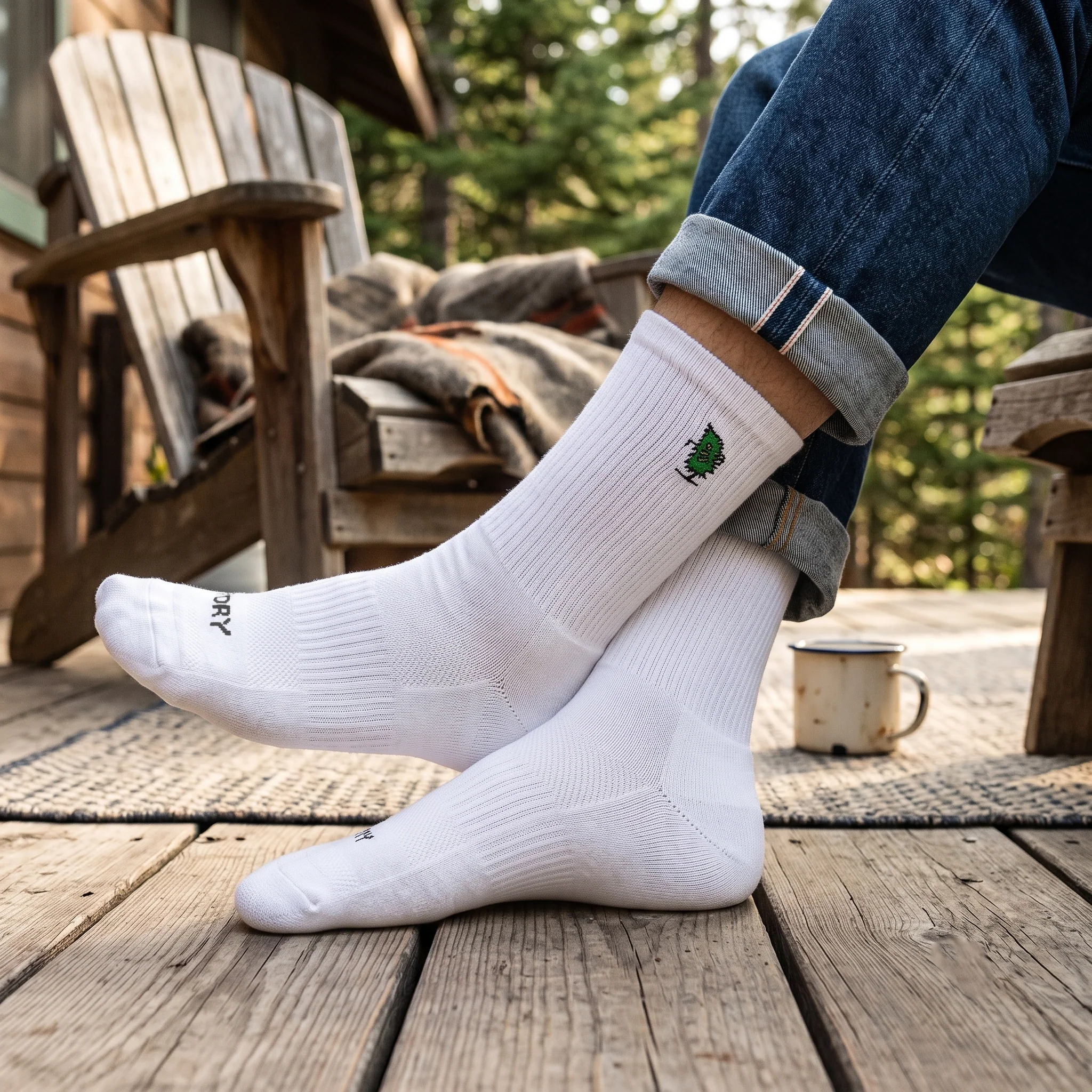 Sample wearing a Sport White FootJoy® Men's ProDry Custom Sock with moisture-wicking fabric, cushioned sole, arch support, reinforced heel, and breathable mesh panels, designed for comfortable all-day golf and active wear.