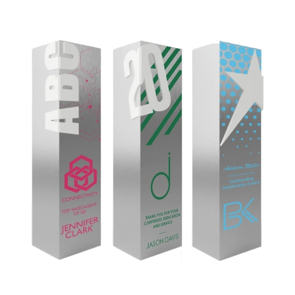 Aluminum-wrapped award with customizable star, number, year, letter, or face plate accents for a personalized presentation.