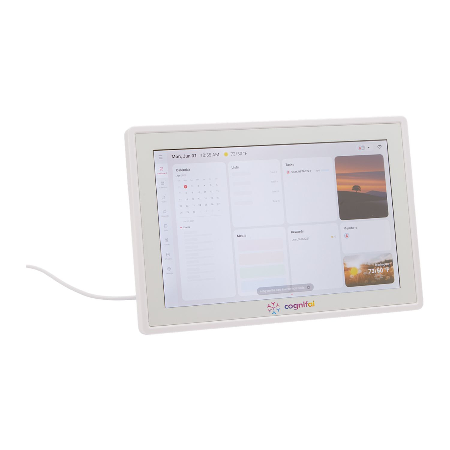 White DayFlow Digital Smart Calendar with a white finish and 10.1-inch LCD touchscreen, displayed on a stand for organizing family schedules, tasks, meals, and updates in kitchens, offices, or shared family spaces.