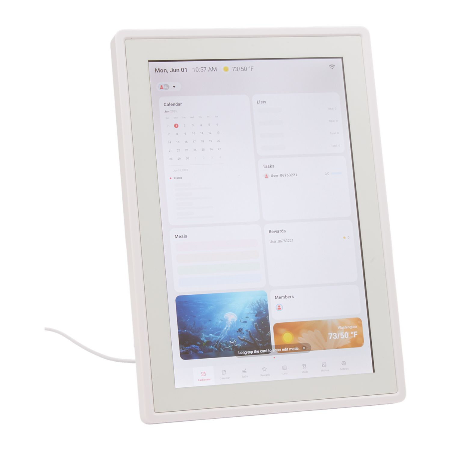 White DayFlow Digital Smart Calendar with a white finish and 10.1-inch LCD touchscreen, displayed on a stand for organizing family schedules, tasks, meals, and updates in kitchens, offices, or shared family spaces.