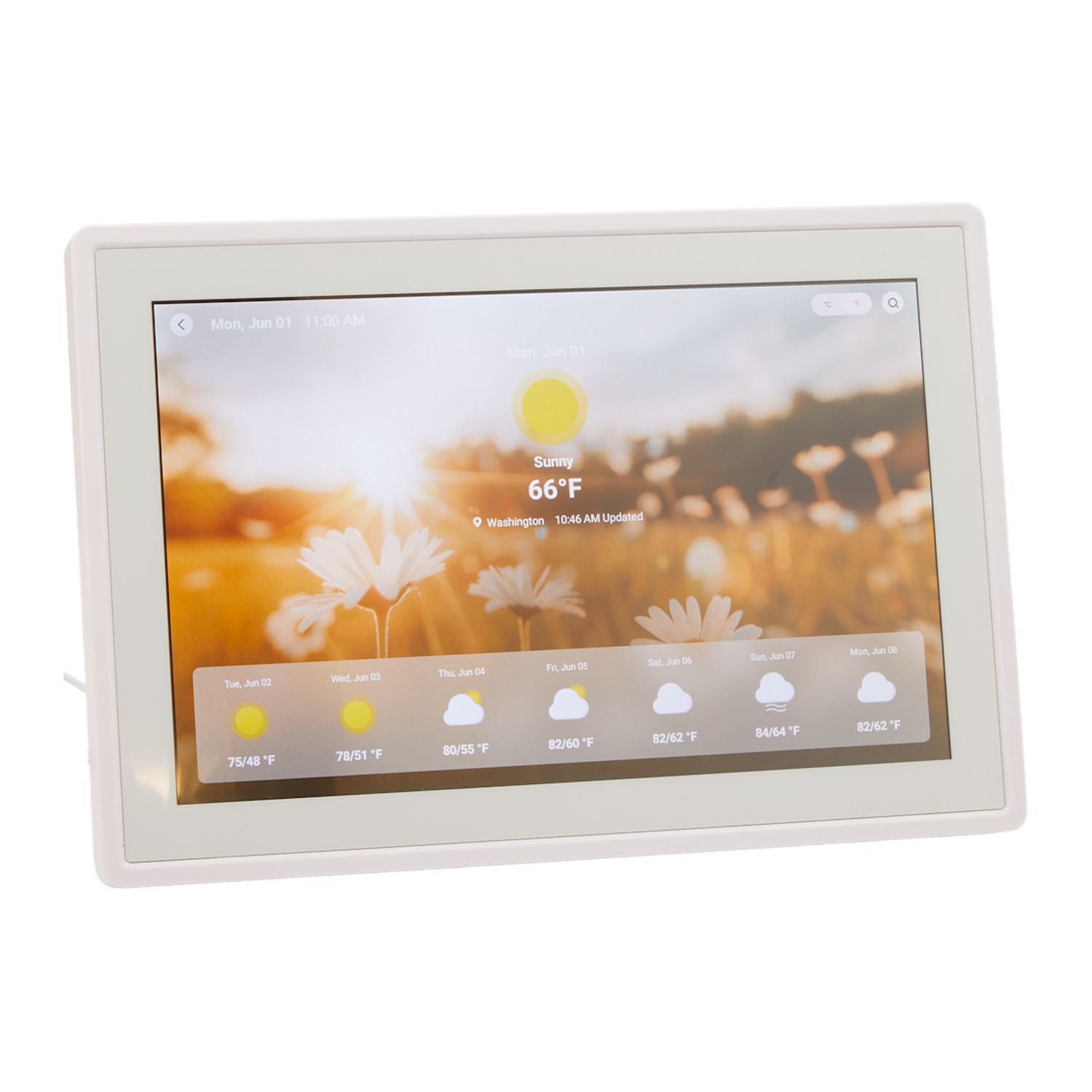 White DayFlow Digital Smart Calendar with a white finish and 10.1-inch LCD touchscreen, displayed on a stand for organizing family schedules, tasks, meals, and updates in kitchens, offices, or shared family spaces.