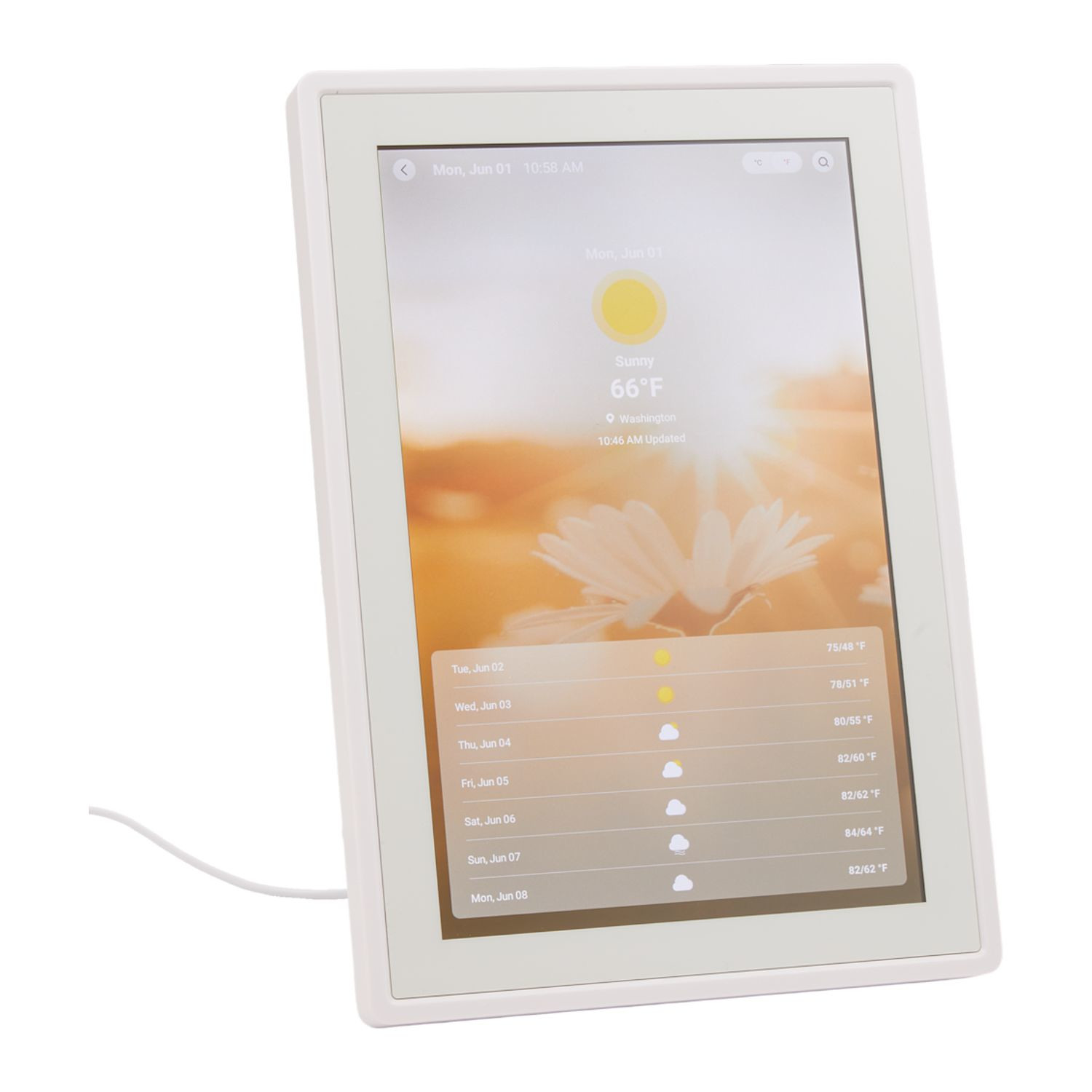 White DayFlow Digital Smart Calendar with a white finish and 10.1-inch LCD touchscreen, displayed on a stand for organizing family schedules, tasks, meals, and updates in kitchens, offices, or shared family spaces.