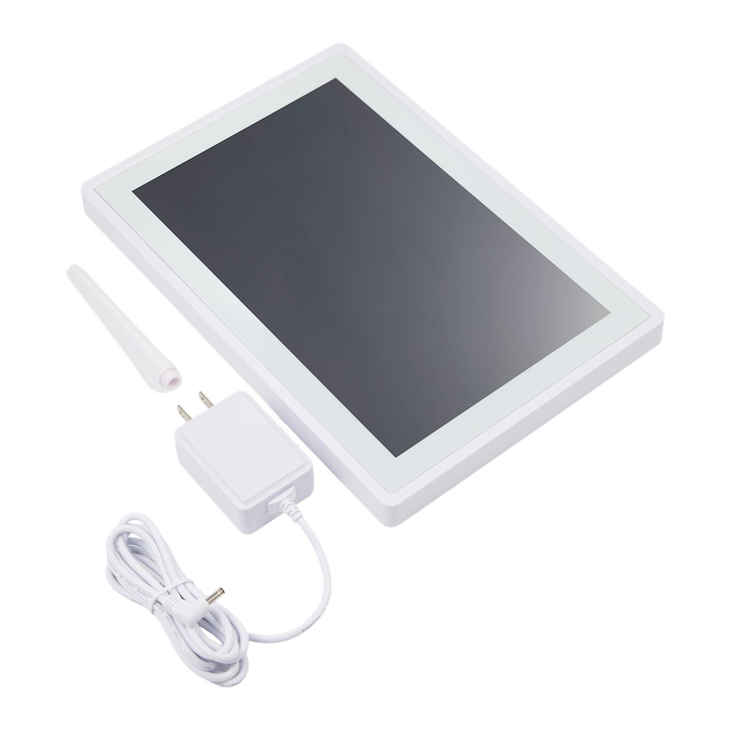 White DayFlow Digital Smart Calendar with a white finish and 10.1-inch LCD touchscreen, displayed on a stand for organizing family schedules, tasks, meals, and updates in kitchens, offices, or shared family spaces.