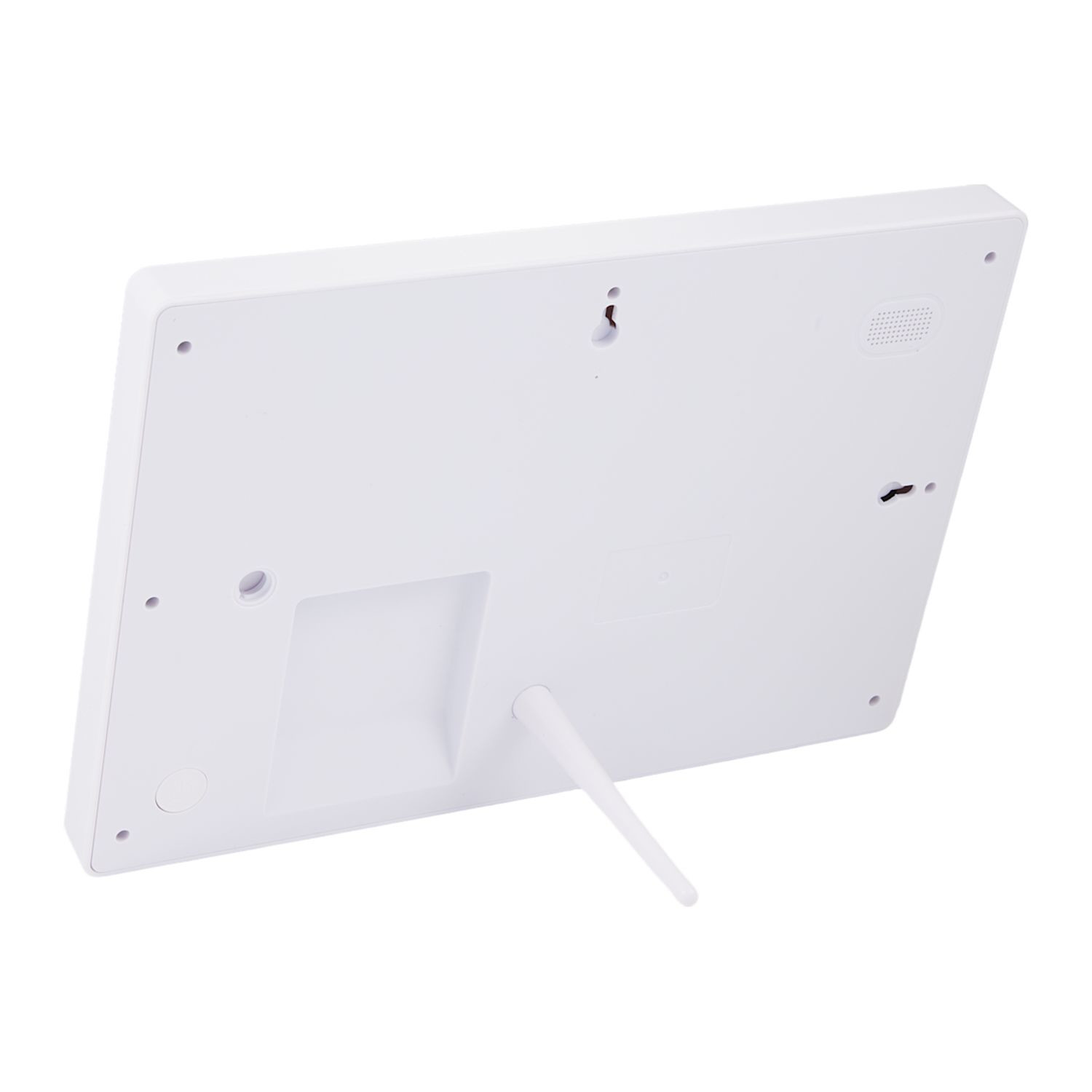 White DayFlow Digital Smart Calendar with a white finish and 10.1-inch LCD touchscreen, displayed on a stand for organizing family schedules, tasks, meals, and updates in kitchens, offices, or shared family spaces.