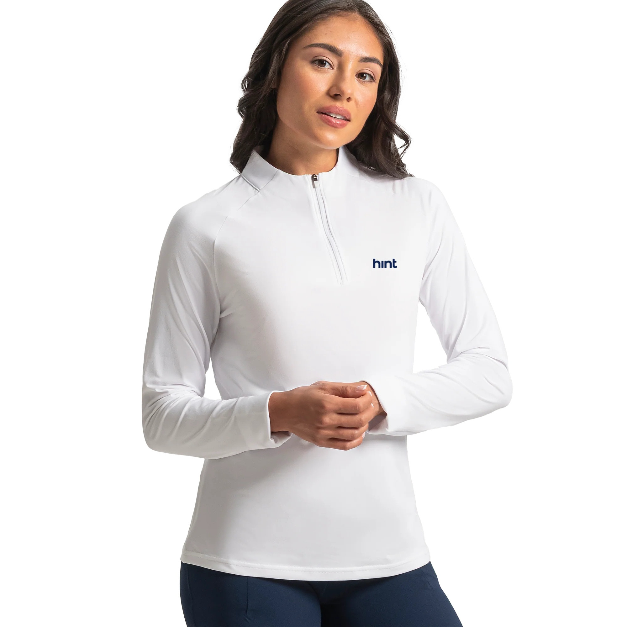 White women's space-dye quarter-zip pullover made from a polyester-spandex blend with four-way stretch, antimicrobial finish, and versatile mid-layer design for golf, active wear, or professional outings.