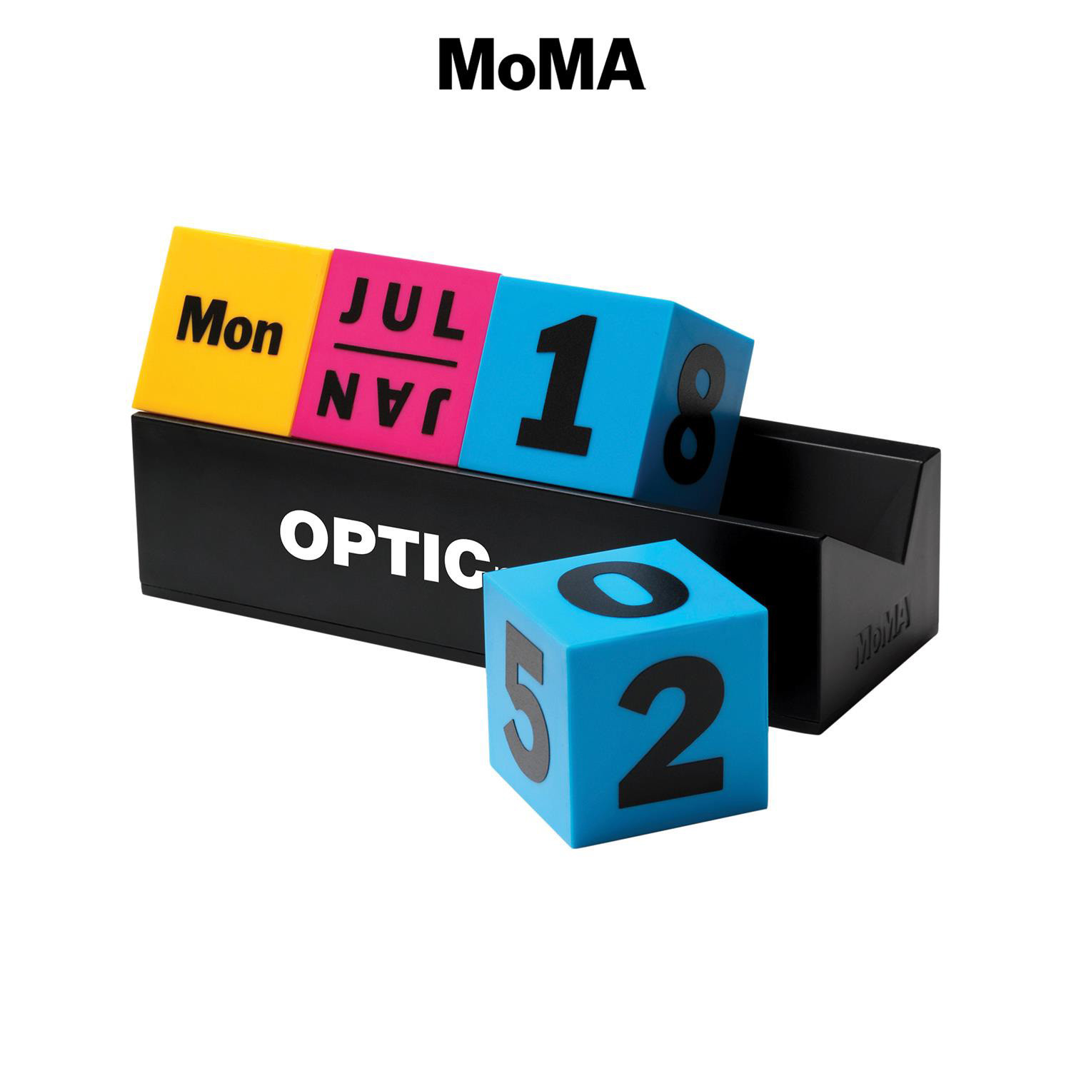 Multicolored MoMA Cubes Perpetual Calendar with black rotating polystyrene cubes displaying the month, date, and day in a compact desktop design for home or office use.