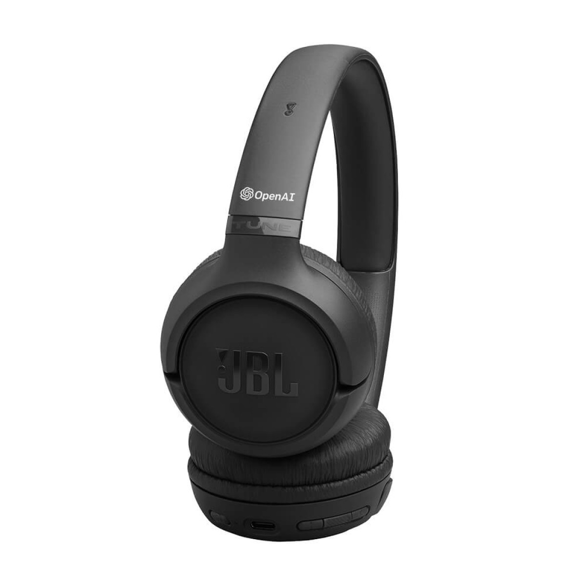 Black wireless on-ear headphones with JBL Pure Bass Sound, Bluetooth 6.0, dual microphones, long battery life, and foldable design.