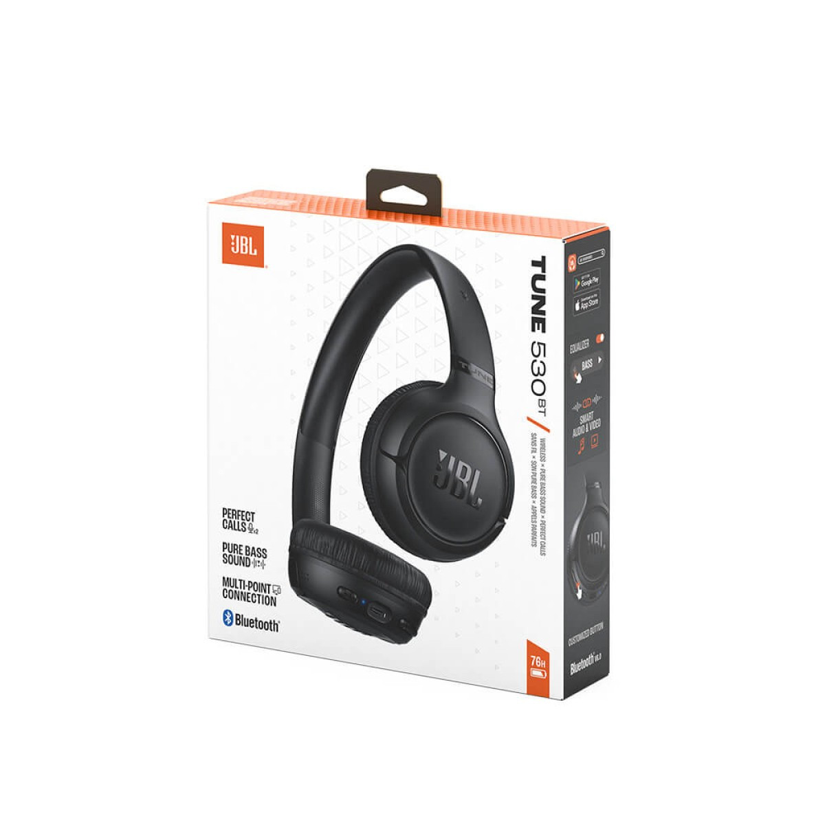Black wireless on-ear headphones with JBL Pure Bass Sound, Bluetooth 6.0, dual microphones, long battery life, and foldable design.