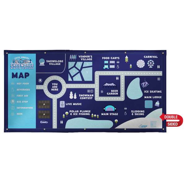 Double-sided outdoor banner with durable opaque scrim vinyl, multiple finishing options, and custom size availability.