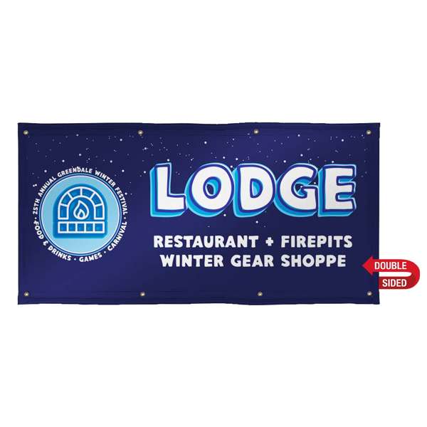 Double-sided outdoor banner with durable 18 oz. opaque scrim vinyl, multiple finishing options, and custom size availability.