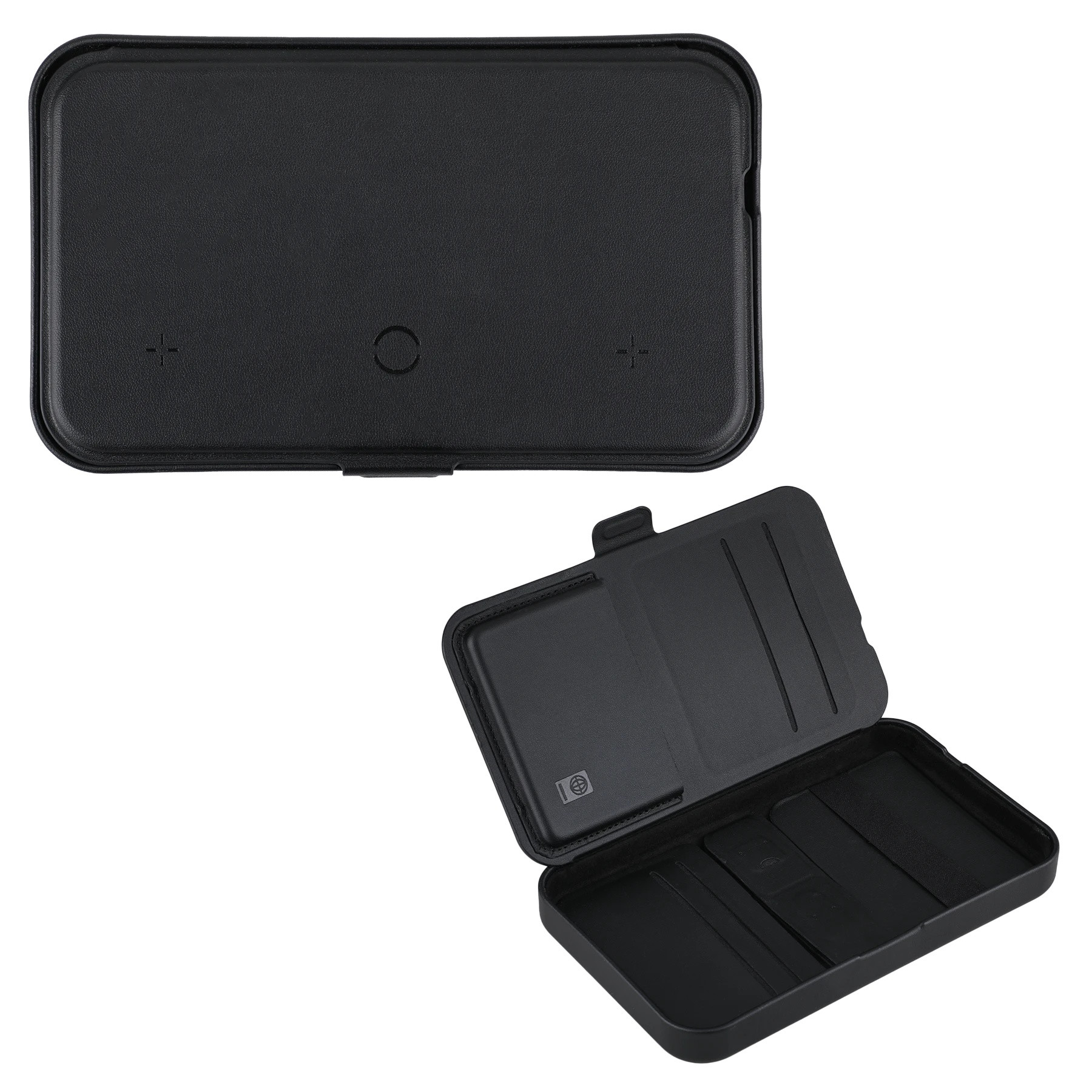 Wireless charging for phone, earbuds, and watch; hard shell carrying case; magnetic lid closure; adjustable magnetic dividers; magnetic lid doubles as a stand