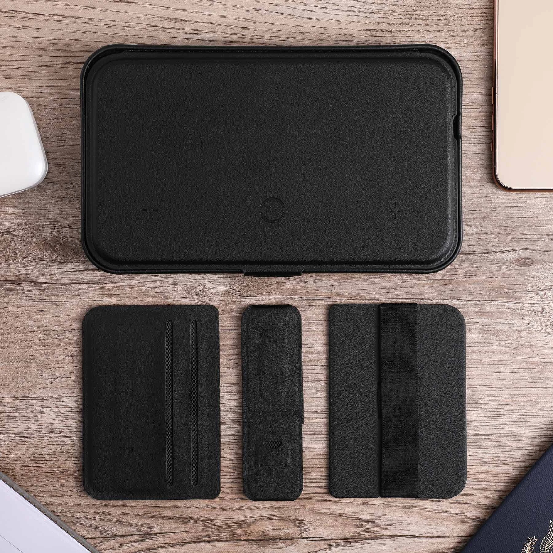 Wireless charging for phone, earbuds, and watch; hard shell carrying case; magnetic lid closure; adjustable magnetic dividers; magnetic lid doubles as a stand