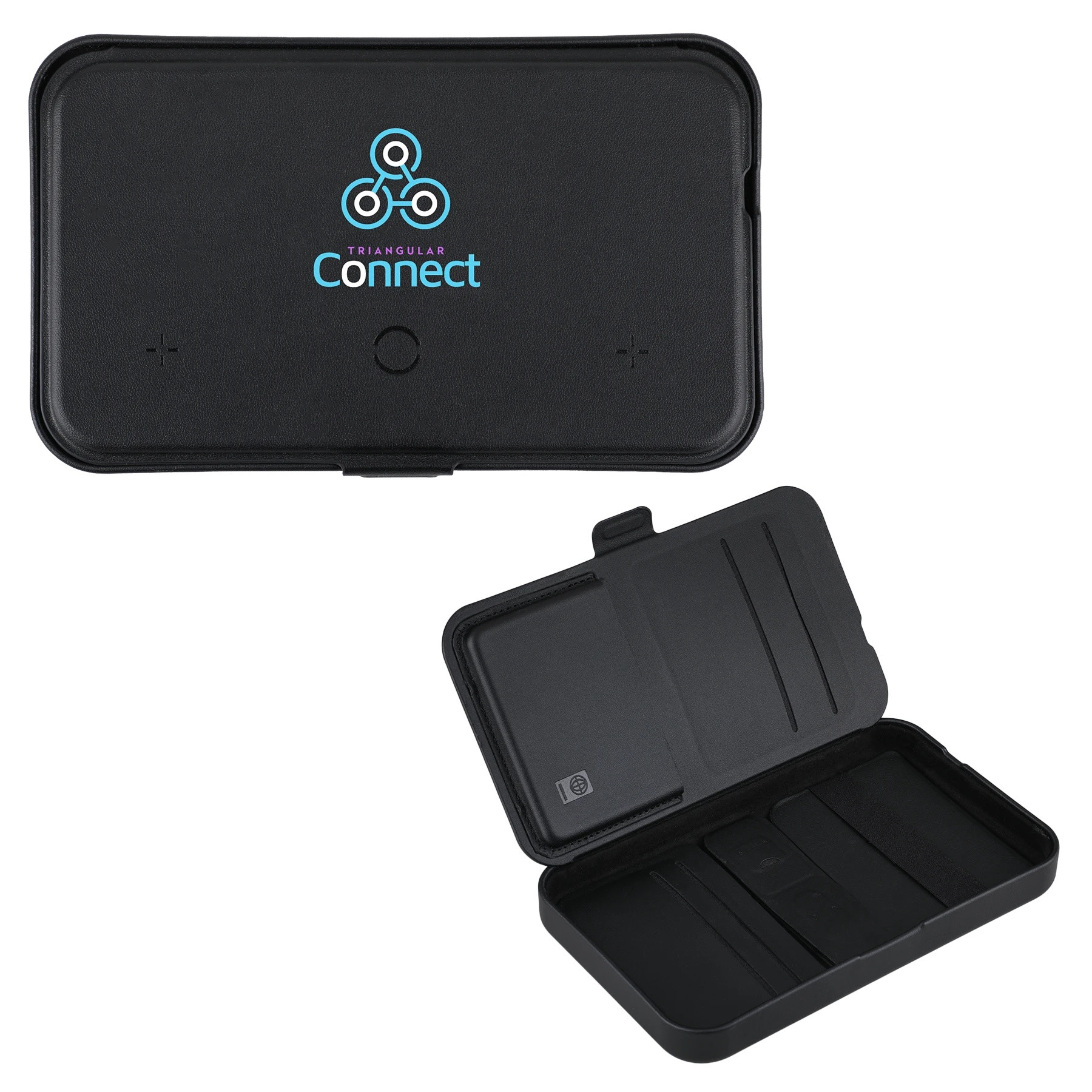 Wireless charging for phone, earbuds, and watch; hard shell carrying case; magnetic lid closure; adjustable magnetic dividers; magnetic lid doubles as a stand