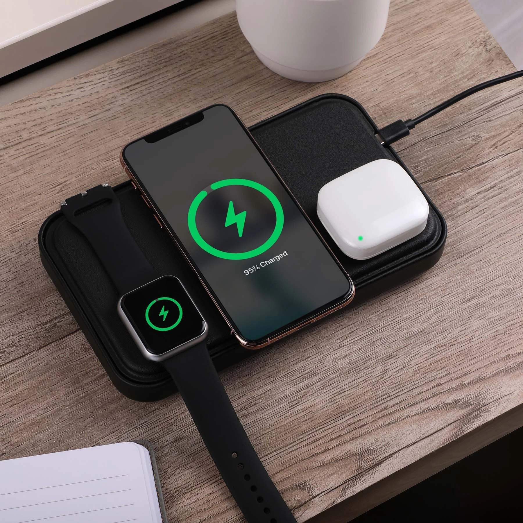 Wireless charging for phone, earbuds, and watch; hard shell carrying case; magnetic lid closure; adjustable magnetic dividers; magnetic lid doubles as a stand