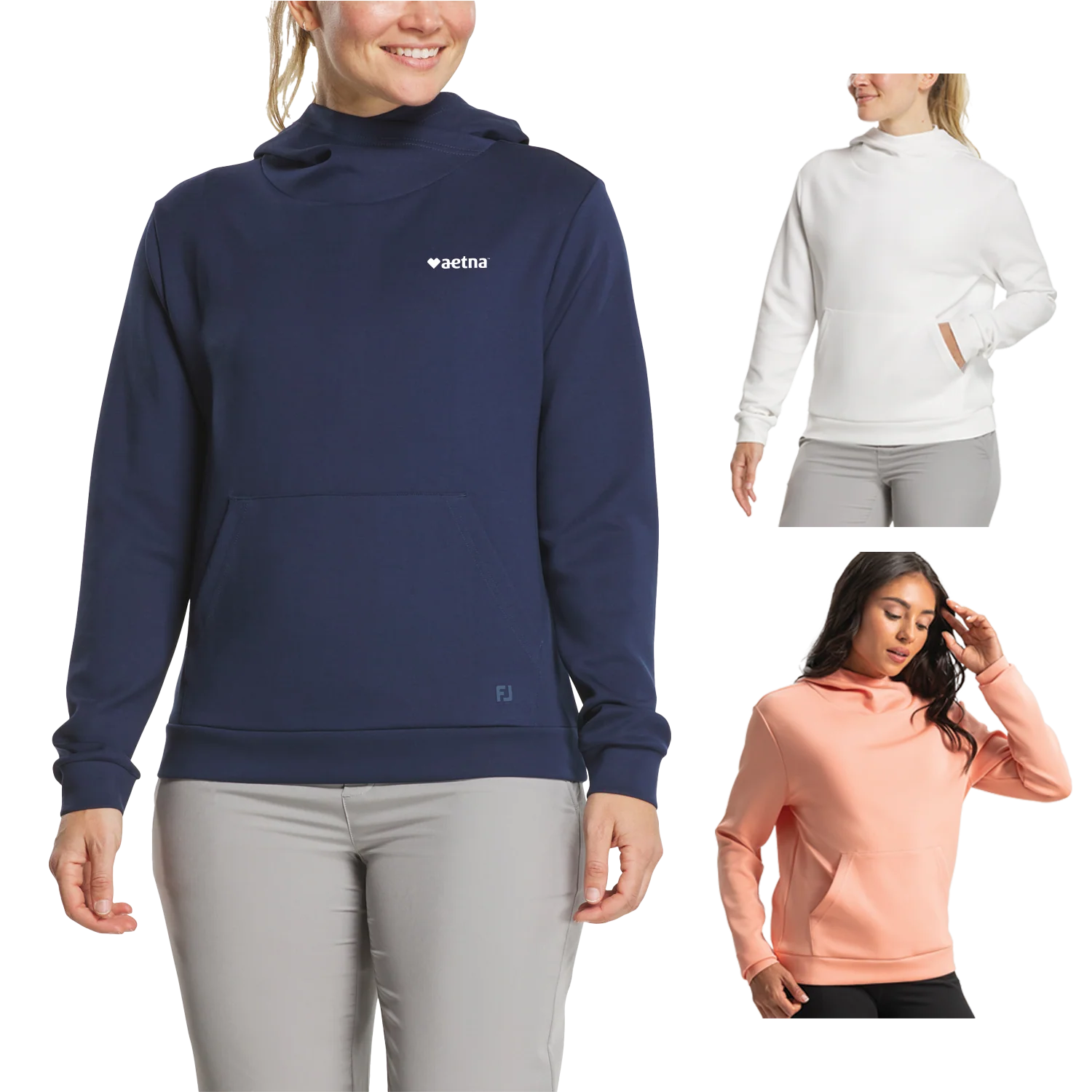FootJoy® Women's Cowl Hoodie in a sleek solid color, featuring a cozy cowl neckline, long sleeves, four-way stretch fabric, and front pouch pocket, designed as a comfortable women's golf mid-layer for outdoor activities.