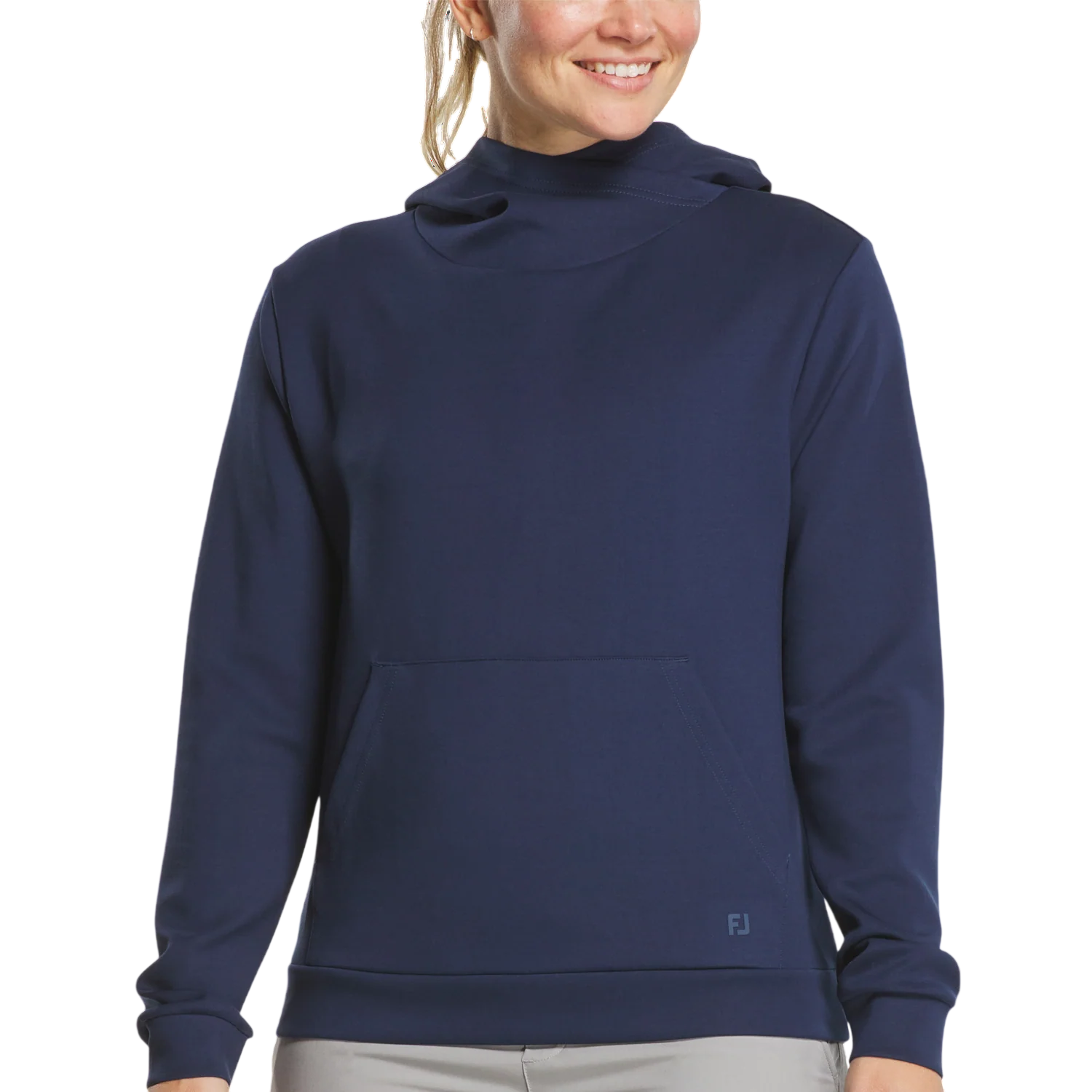 Navy FootJoy® Women's Cowl Hoodie in a sleek solid color, featuring a cozy cowl neckline, long sleeves, four-way stretch fabric, and front pouch pocket, designed as a comfortable women's golf mid-layer for outdoor activities.