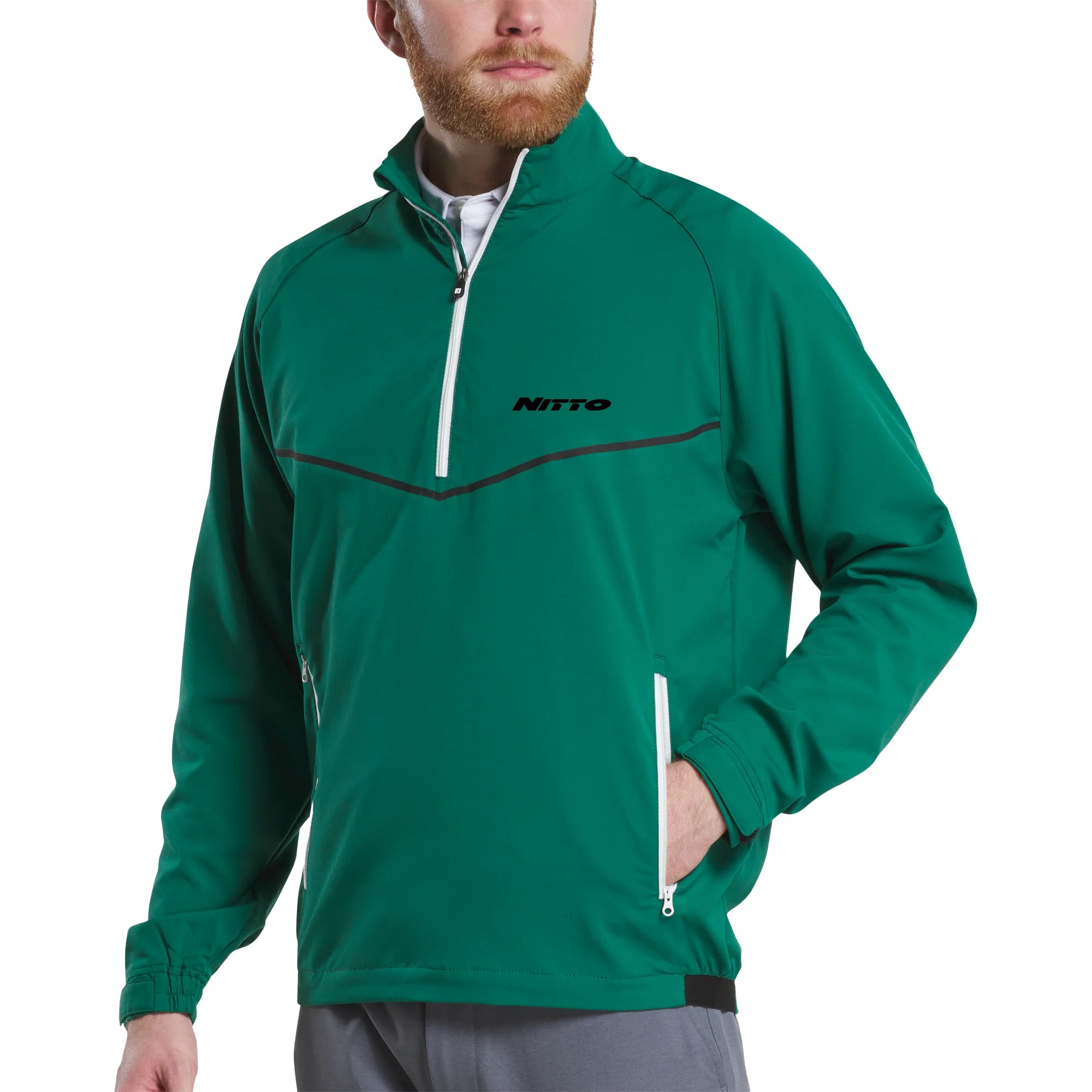 Forest FootJoy men's Zephyr windshirt with half-zip design, raglan sleeves, side pockets, performance stretch fabric, and weather-resistant DWR finish.